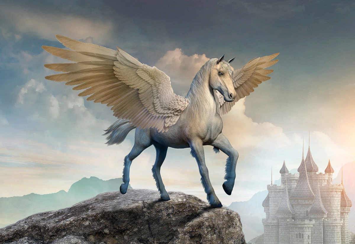 Image of Papermoon Fototapete "PEGASUS-PFERDE TIERE PFERD SCHLOSS PALAST FANTASY DEKO"