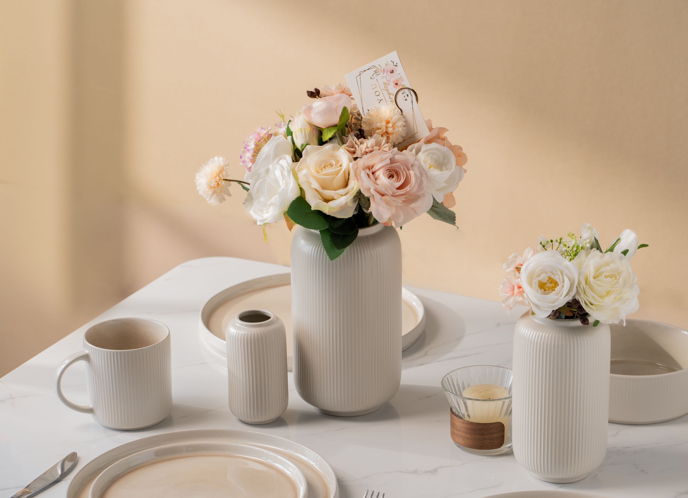 GOODproduct Tischvase »Ylvii, innen vollständig glasiert und wasserundurchlässig« aus Keramik, uni matt oder mit glänzender Effektglasur, creme und blau