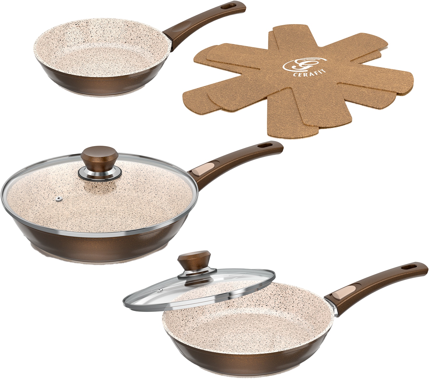 Image of Genius Pfannen-Set "Cerafit Granit - Grand-Edition Pfanne, 7-teiliges Set" Edelstahl Set, je 1x Pfanne + Deckel 24 cm + 28 cm, 1x Pfanne 20 cm, 2x Einleger, 7 Stk. tlg. geeignet für Aufläufe, zum Schmoren o. Backen - ohne Griff und Deckel