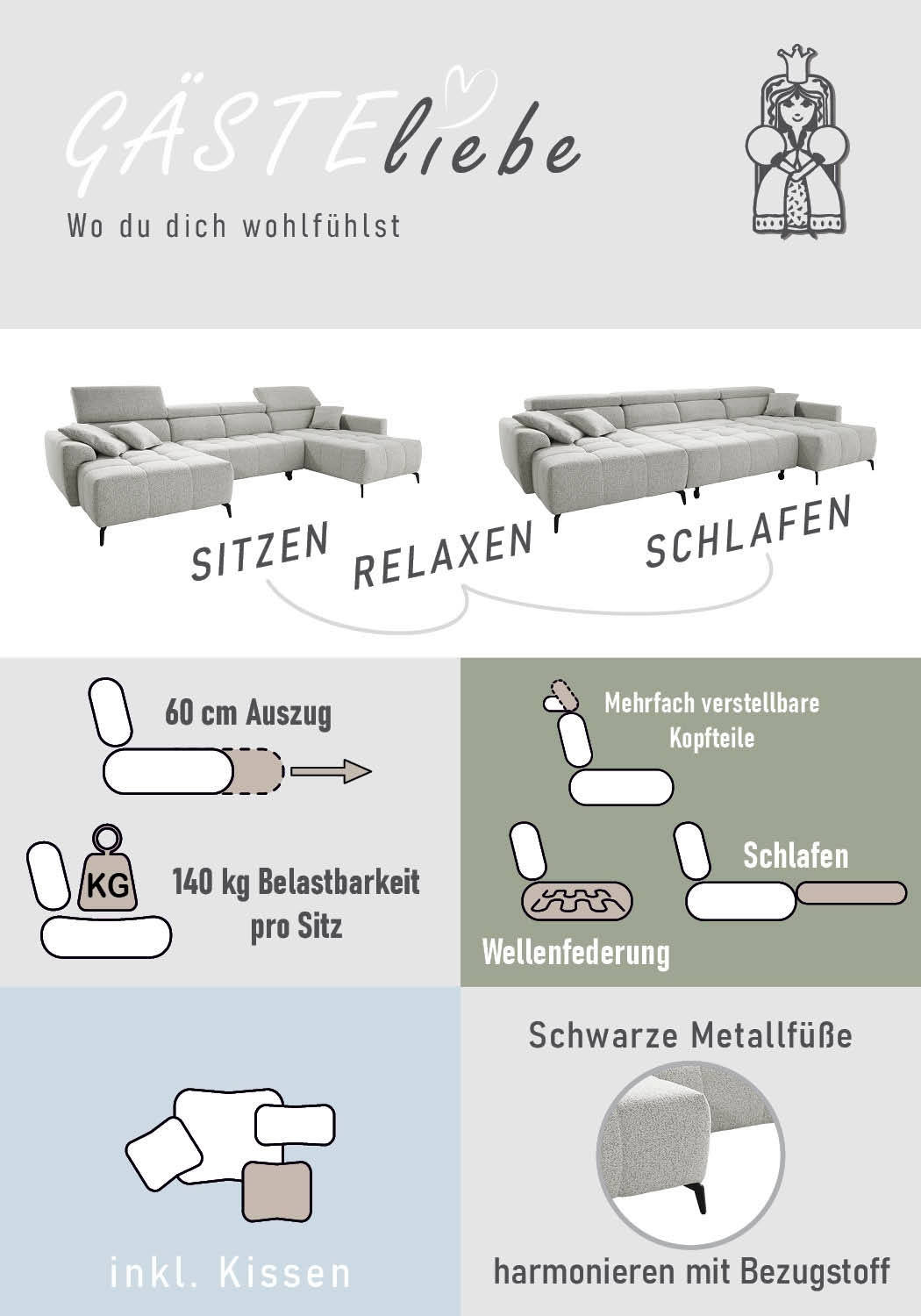 Jockenhöfer Gruppe »Ultima, U-Form, B: 363cm, mit 60 cm elektrischer Sitztiefenverstellung« 140kg Belastbarkeit je Sitz, verstellbaren Kopfstützen, USB-Ports