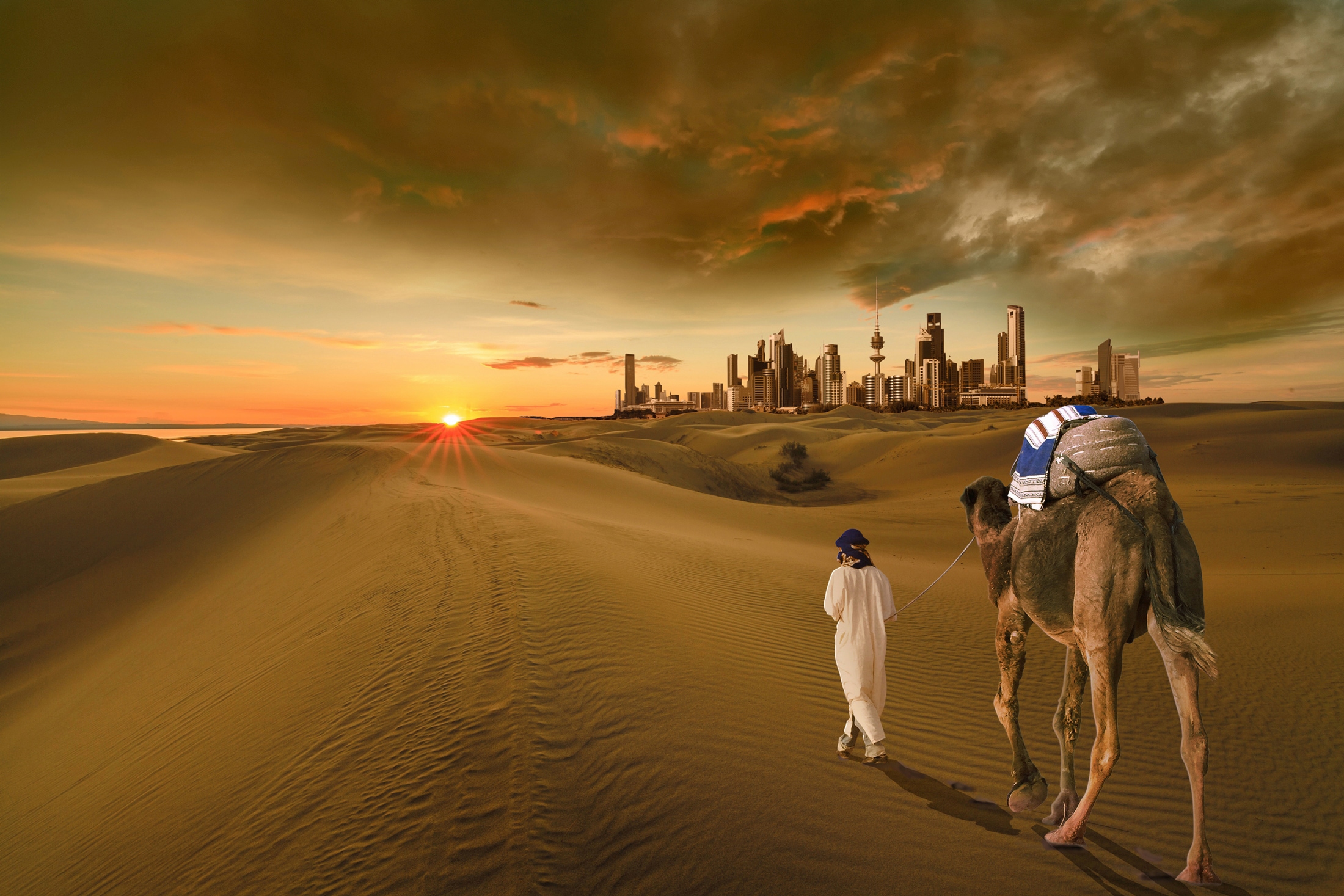 Image of Papermoon Fototapete "KUWAIT-STADT-WÜSTE KAMEL DÜNEN SKYLINE STRAND MEER GOLF"