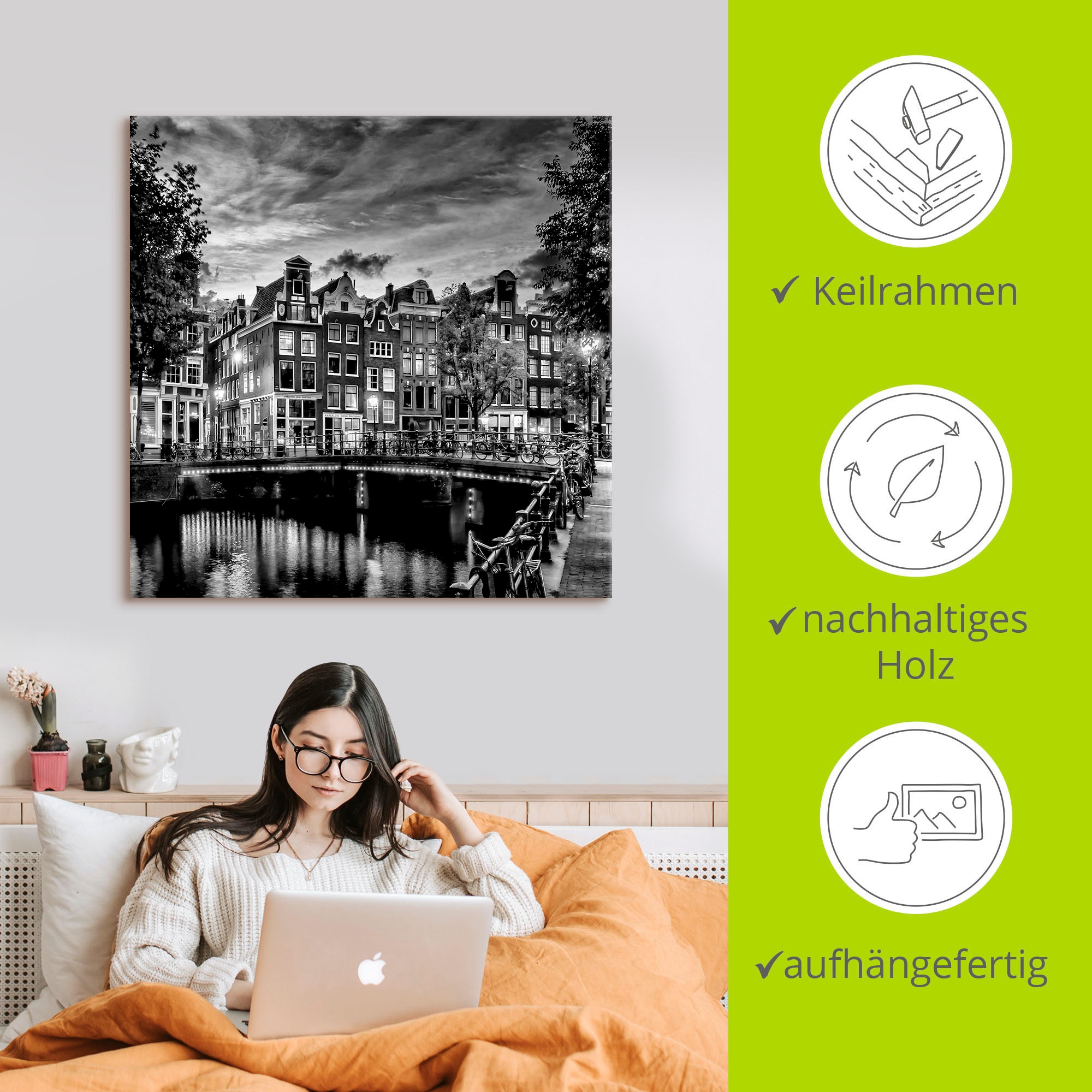 Artland Wandbild »Amsterdam Abendidylle«, Amsterdam, (1 St.), als Leinwandbild, Poster, Wandaufkleber in verschied. Grössen