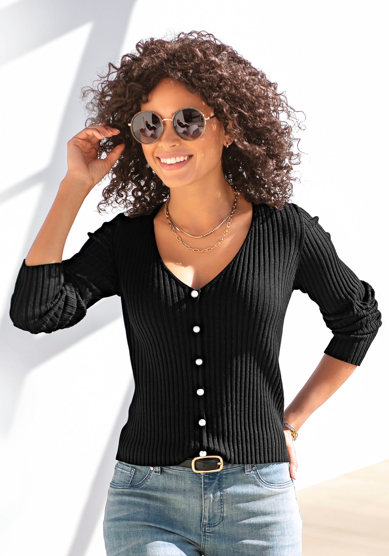 V-Ausschnitt-Pullover, mit Zierperlen, figurbetonter Strickpullover, elastisch