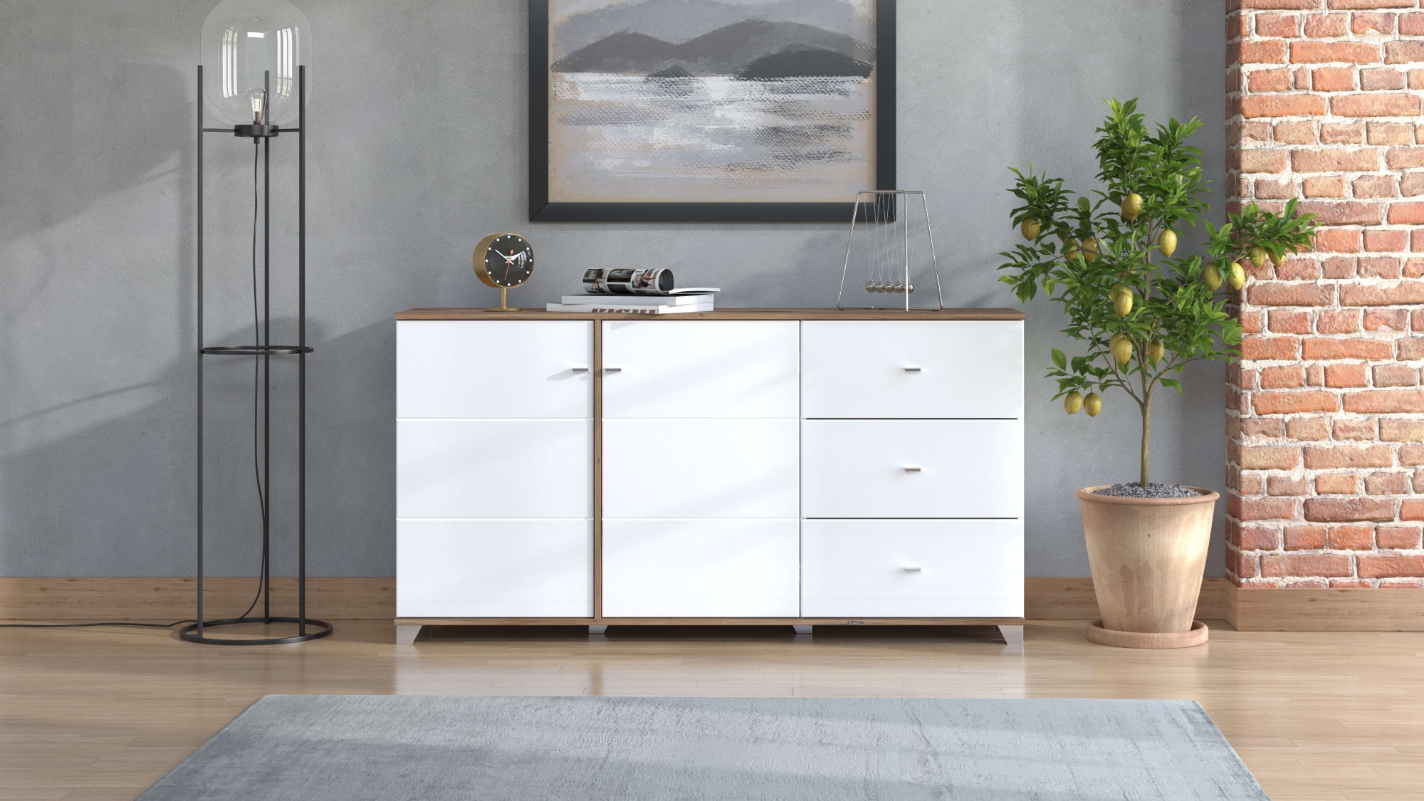 Image of INOSIGN Kommode "Burgundy Sideboard, Schubladenschrank, mit viel Stauraum" Hochglanzfronten und eine Innenausstattung in Flagstaff Eiche