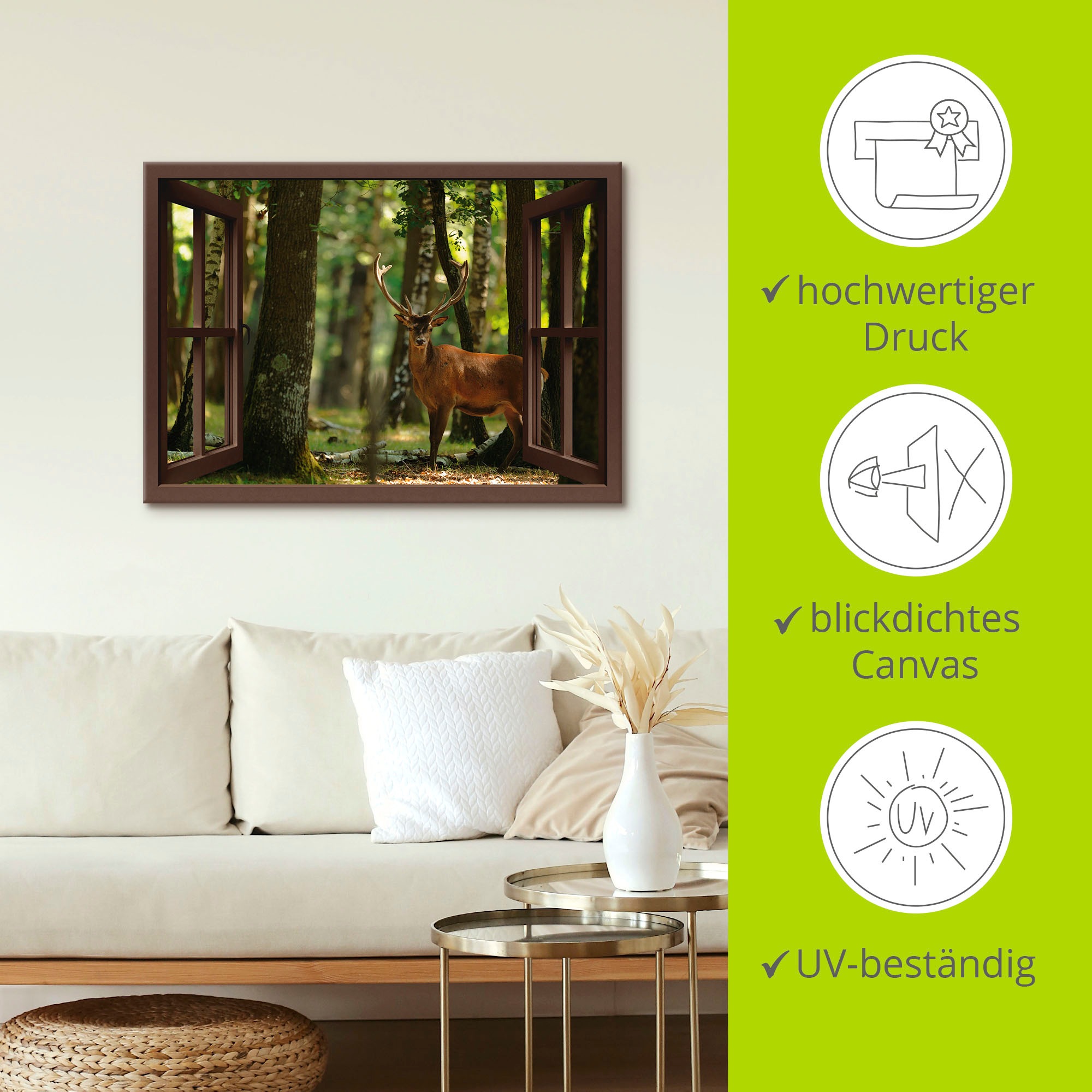 Artland Tableau sur toile »Fensterblick - Hirsch 4 - Wald« 1 cuis tlg. auf Holzrahmen gespannt