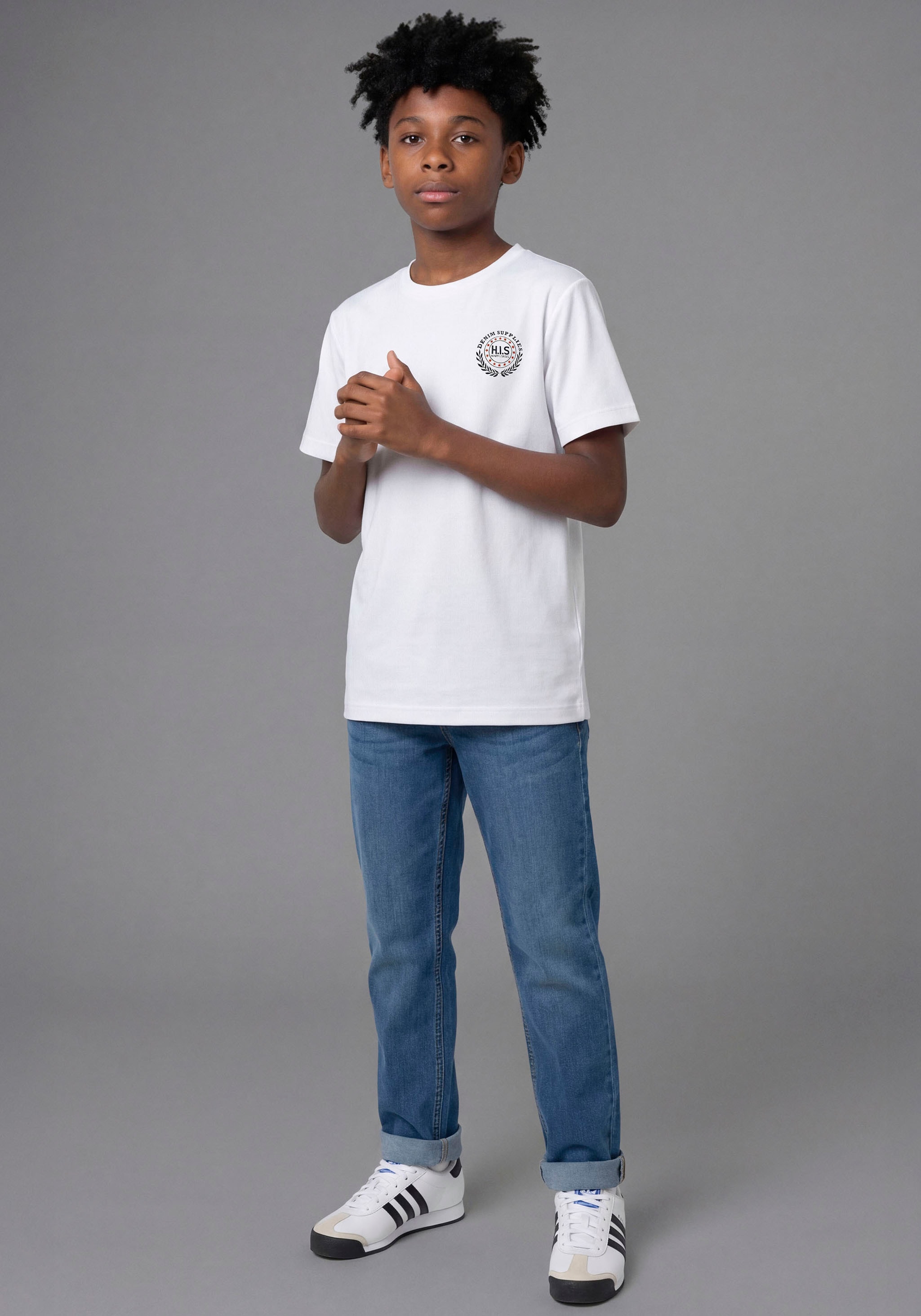 H.I.S T-Shirt »2er Pack T-Shirts mit Logodrucken für Jungen« Packung, 2, 2 tlg. Basic Schnitt, kurze Ärmel, bedruckte Optik, Logodrucke