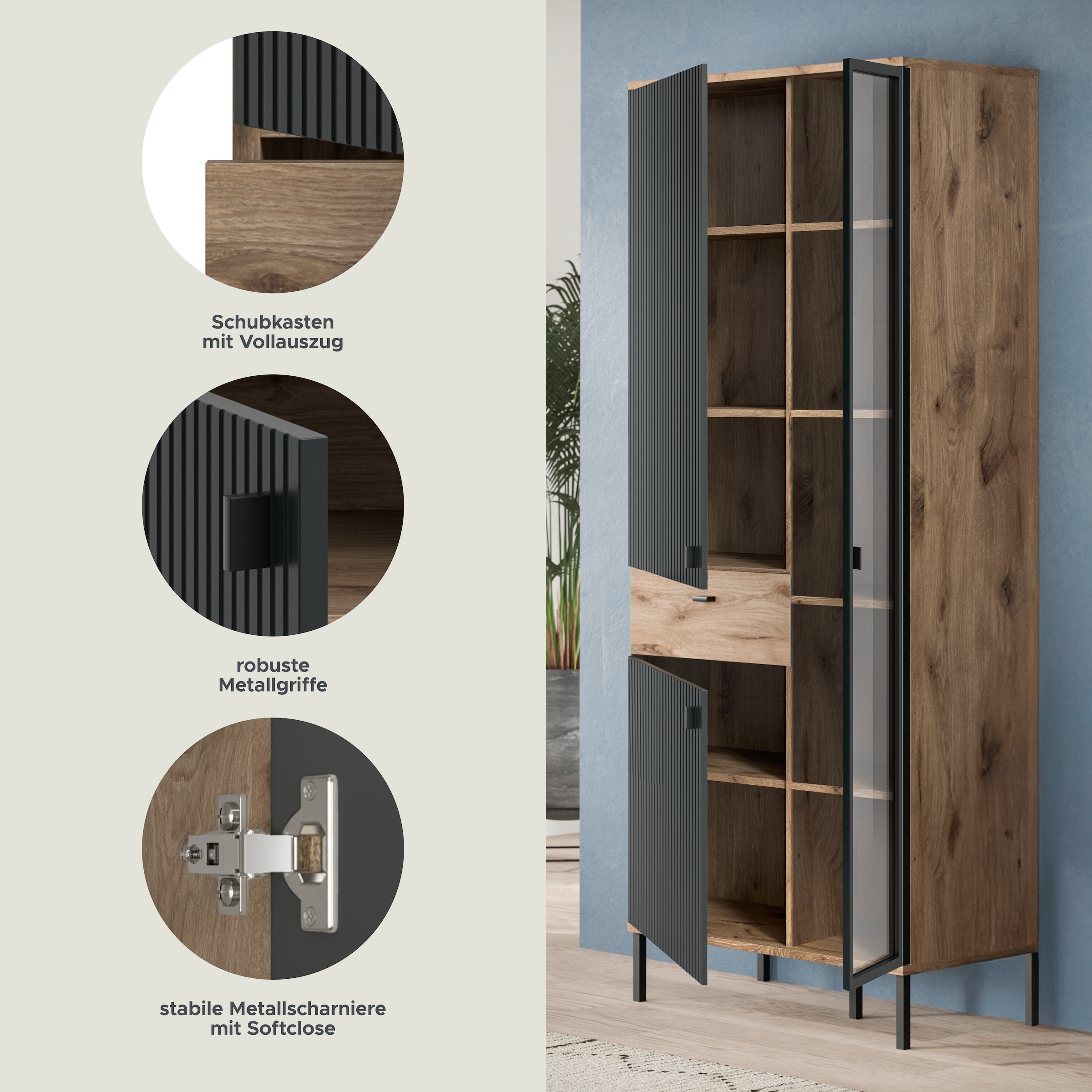 INOSIGN Stauraumvitrine »TREVERK, Breite 83 cm, hochwertige MDF-Front schwarz tiefzieh« 1 Stk. tlg. Stauraumvitrine, Vitrine, Wohnzimmer