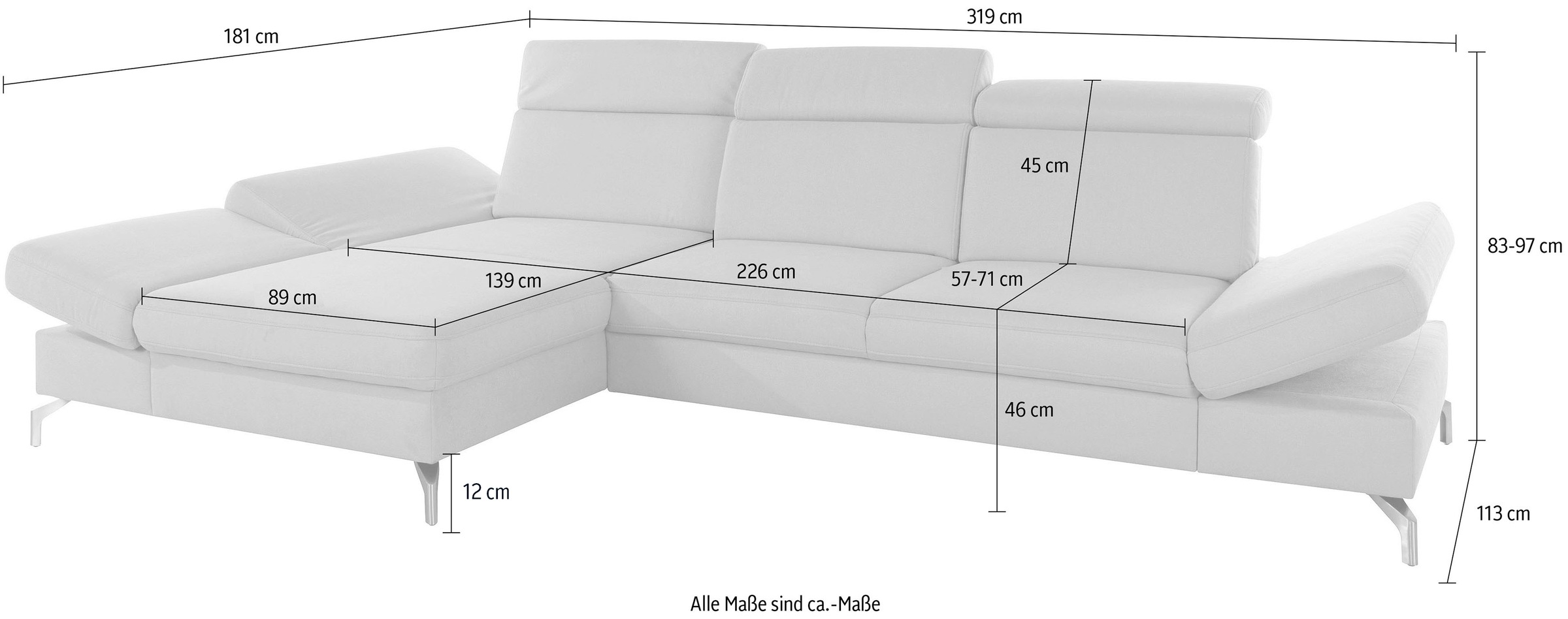 sit&more Ecksofa »Brisbane L-Form«, Fusshöhe 12 cm, inklusive Sitztiefen-, Armteil- und Kopfteilverstellung