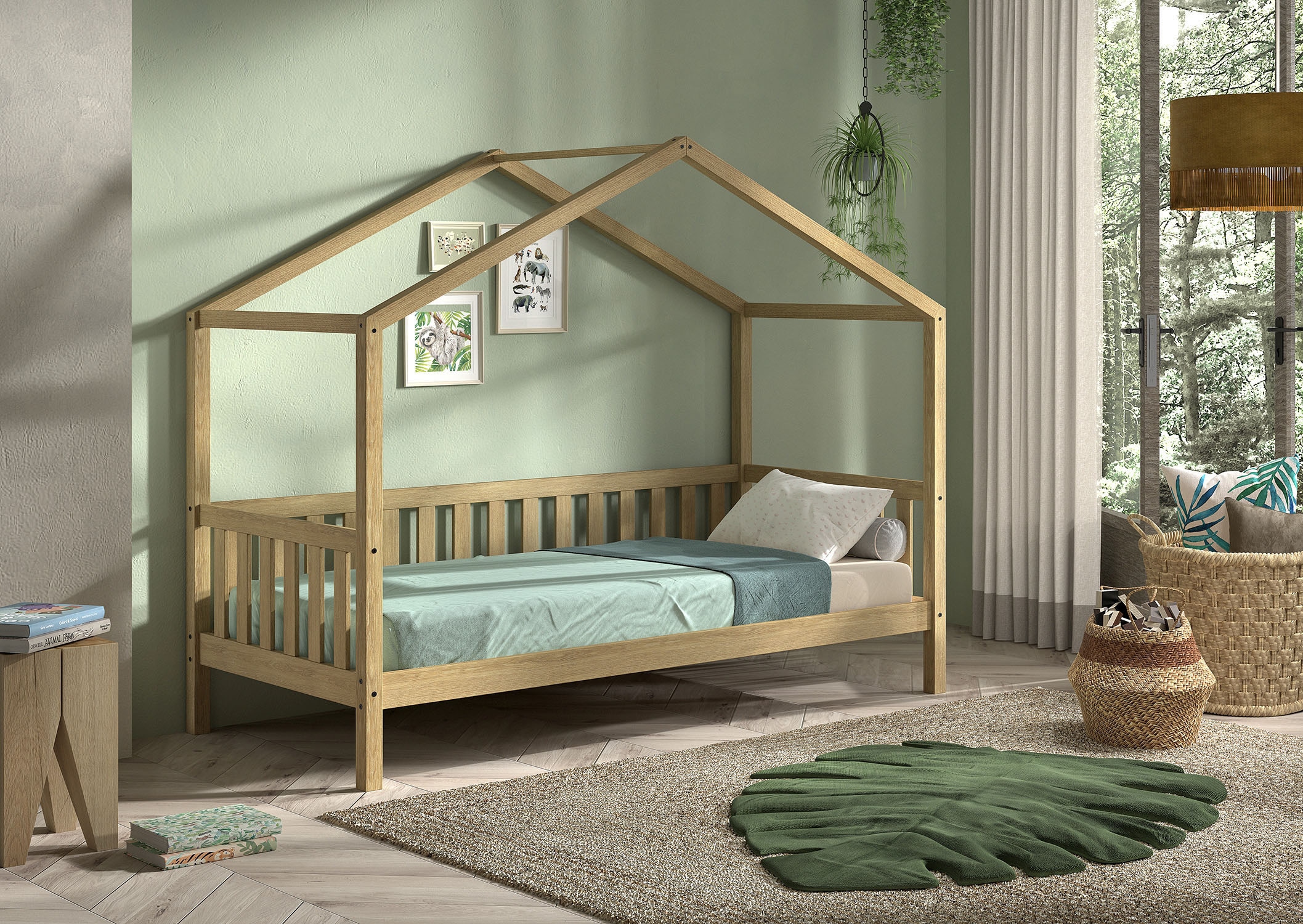 Vipack Hausbett »Dallas aus massiver Eiche, natur geölt in zeitlosem Design« (B/H/T ca. 210x170x97 cm) inkl. Massivholz Rolllattenrost,  hochwertig verarbeitet, mit oder ohne Bettschublade auf Rollen
