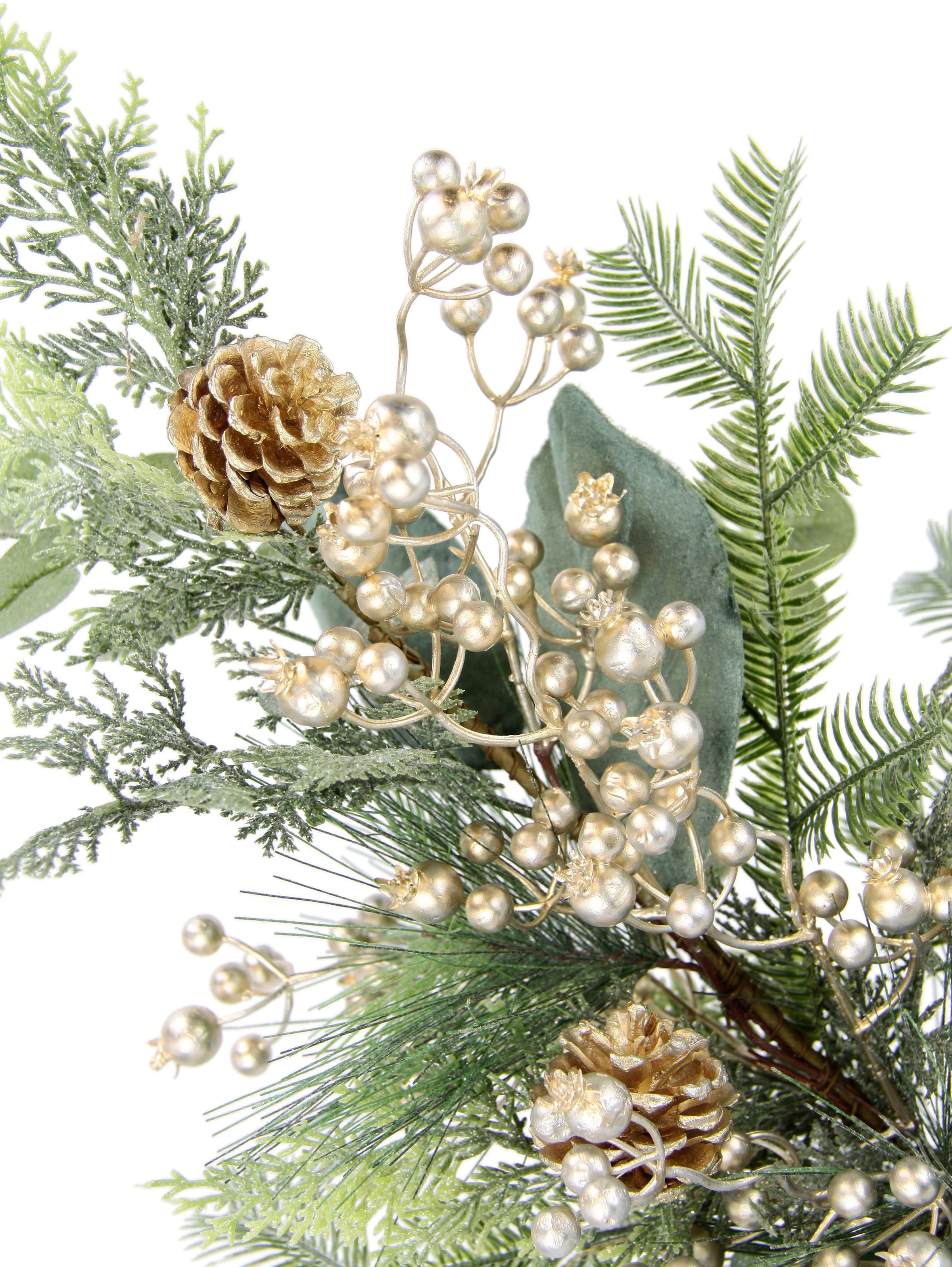 I.GE.A. Winterliche Kunstpflanze »Weihnachtsgesteck im Topf aus Jute, Weihnachtsdeko«, mit Beeren, Eukalyptuszweigen, Koniferen und Zapfen