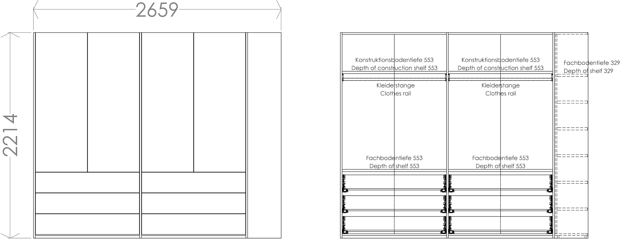 Müller SMALL LIVING Kleiderschrank »Modular Plus Variante 4«, 6 Schubladen, Anbauregal wahlweise links oder rechts montierbar