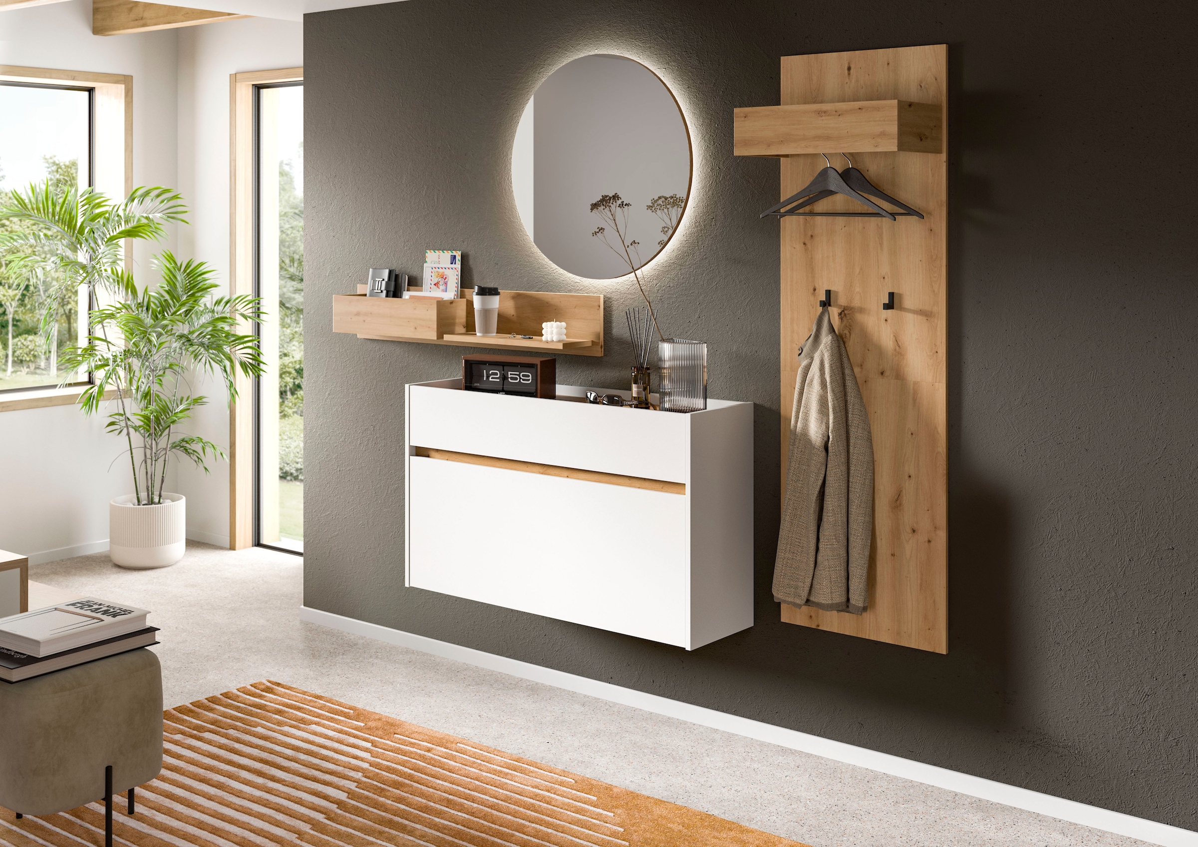 Home affaire Ensemble de vestiaires »EVRID, 4-teilig, Breite 205 cm, inkl. Beleuchtung« best. aus: Wandboard, Kommode, Spiegel, Garderobenpaneel, 4 cuis tlg.