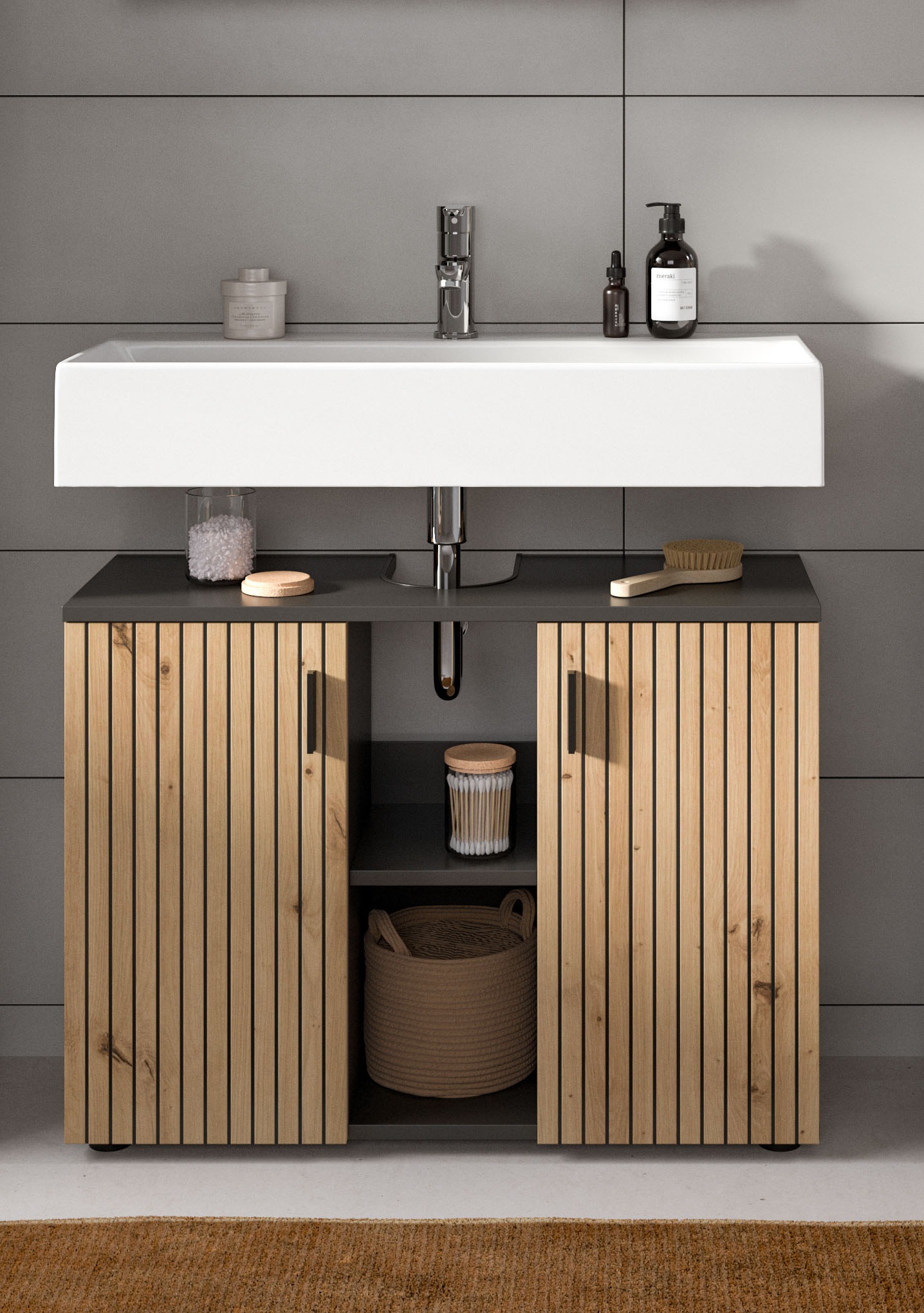 welltime Waschbeckenunterschrank "MANI, Paneeloptik, 2 offene Fächer, Siphonausschnitt" 1 Stk. tlg. WBU, Waschbeckenunterschrank, Unterschrank, Badschrank, Badezimmer