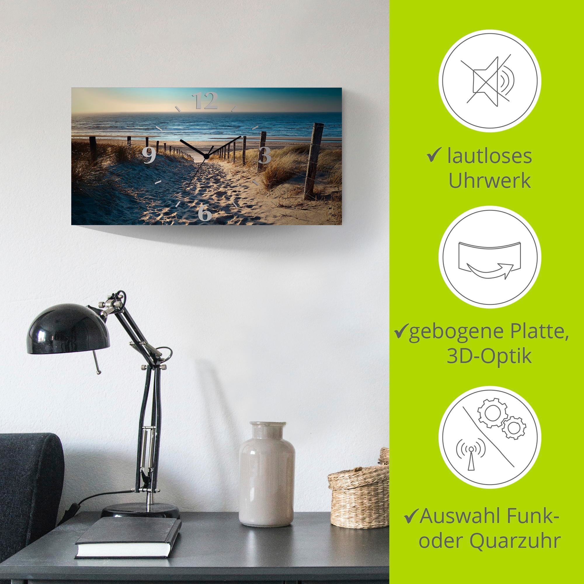 Artland Wanduhr »Weg zum Nordseestrand Sonnenuntergang«, 3D Optik gebogen, mit Quarz- oder Funkuhrwerk, versch. Grössen