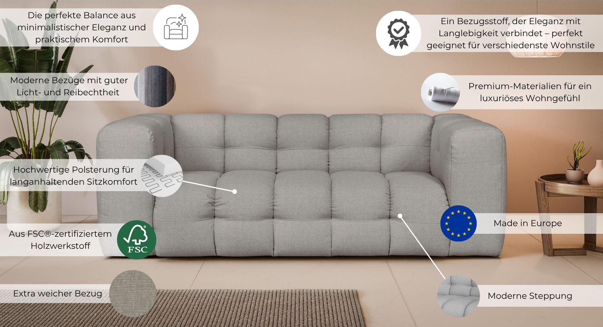 LeGer Home by Lena Gercke 3-Sitzer »TALISHA Designersofa, moderne Steppung, Masse B/T/H: 229/110/75 cm«, aufwendig gepolstert, hoher Sitzkomfort