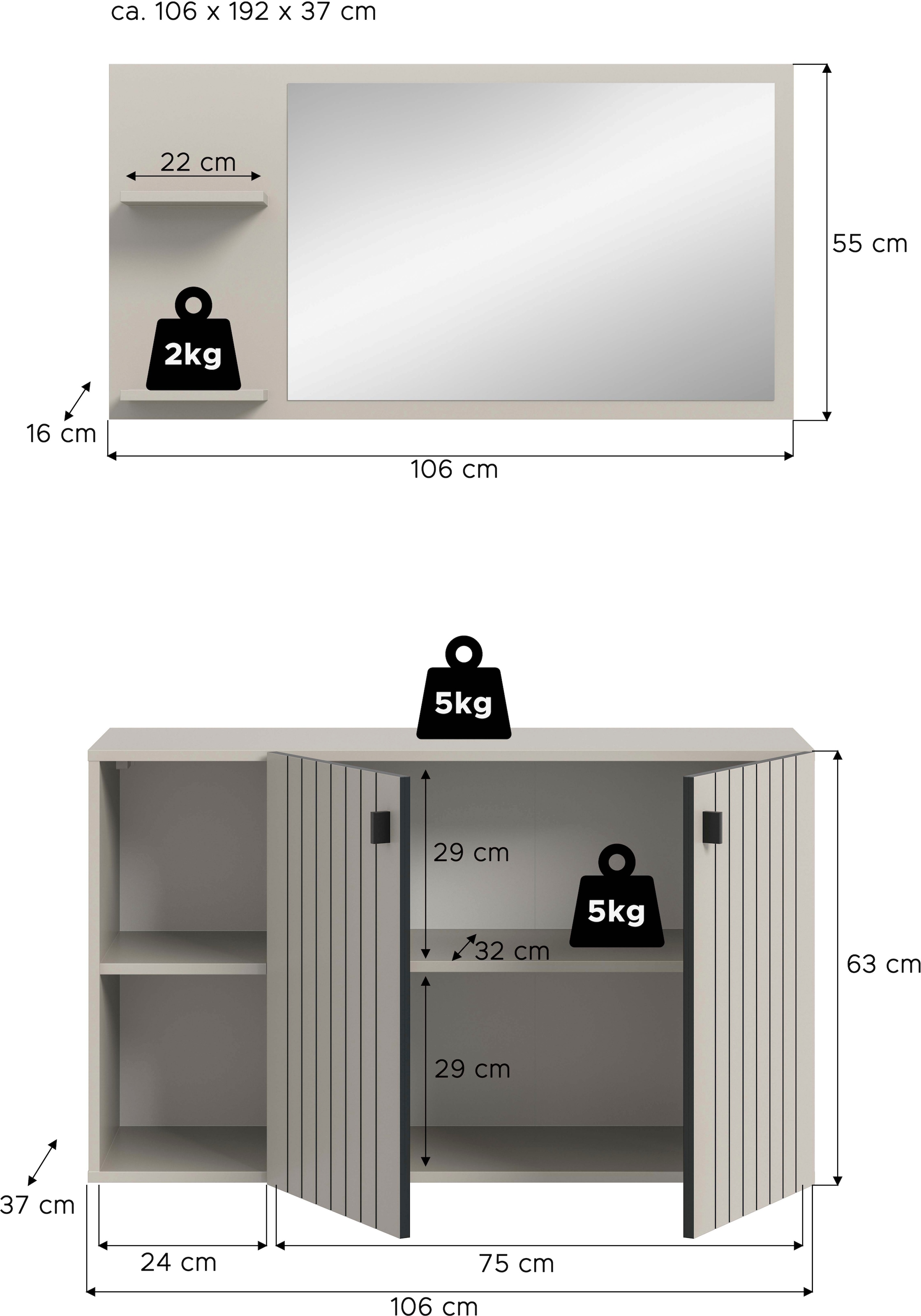 Home affaire Garderoben-Set »TATIO, 2-tlg. Garderobenkombination, Breite: 106 cm, Rillenfräsung« Set, Set, best. aus: 1 Spiegel, 1 Schuhkommode, 2 Stk. tlg.