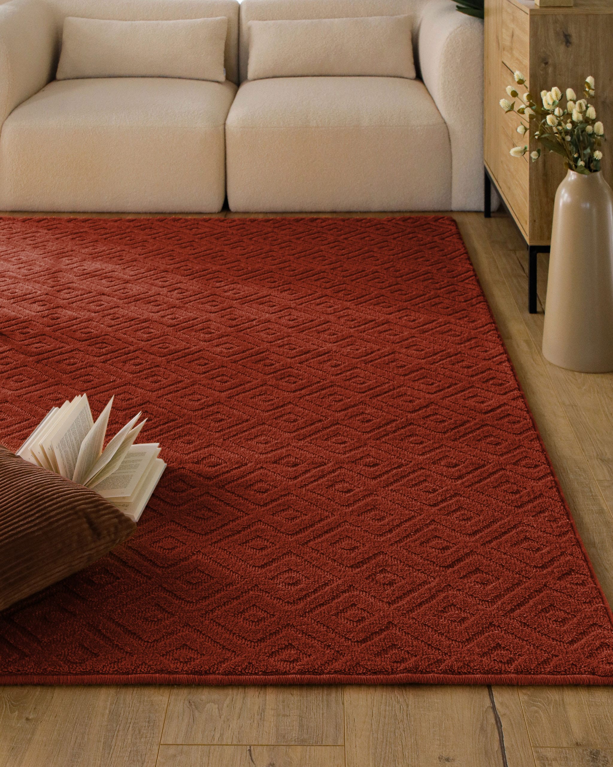 Wecon home Tapis »Castello TWO« Rectangulaire 7 mm Höhe Schurwolle, Kurzflor mit Hoch-Tief-Effekt, Wohnzimmer, Rautenmuster