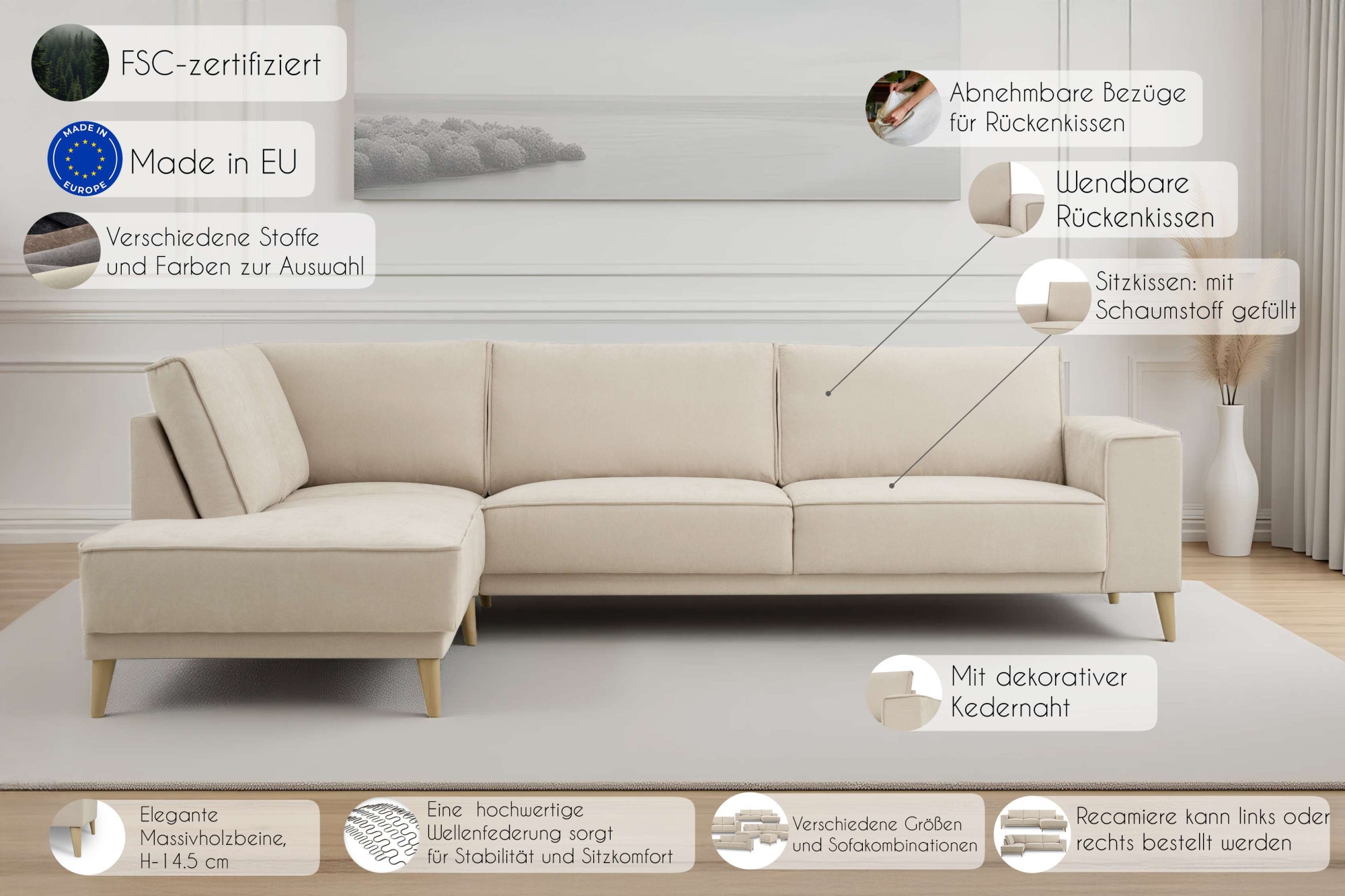 GOODproduct Ecksofa »Oland Skandi, weicher Chenille-Stoff« L-Form, 289 cm, Wellenunterfederung, Skandi-Design, Massivholzfüsse