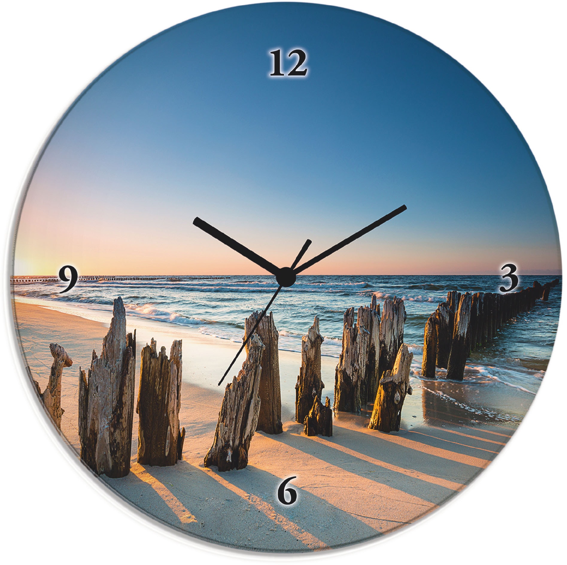 Image of Artland Wanduhr "Glasuhr rund Sonnenuntergang Strand Wellenbrecher" wahlweise mit Quarz- oder Funkuhrwerk, lautlos ohne Tickgeräusche