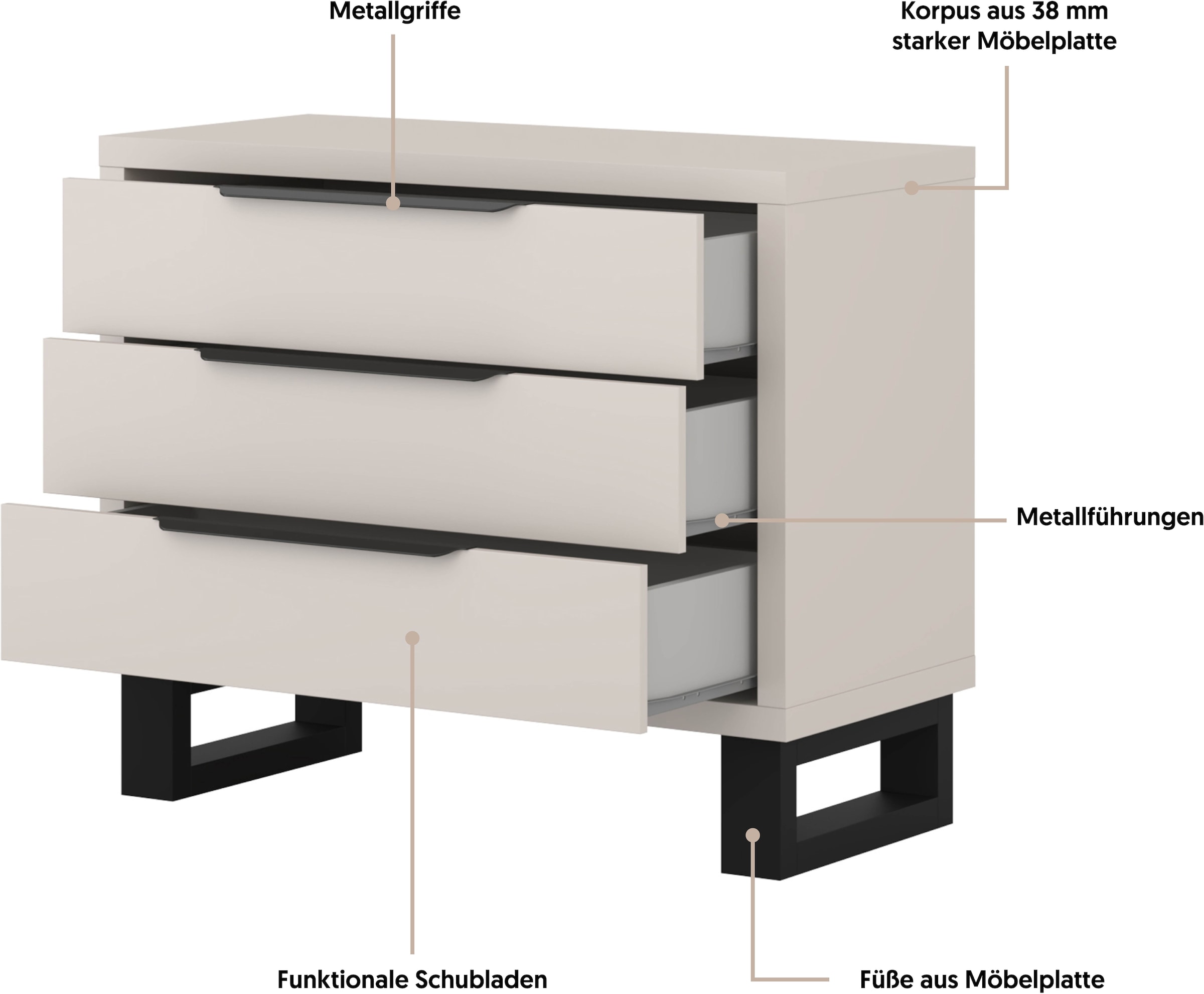 Home affaire Kommode »Bronne,Breite 99,5 cm Schubladenkommode, Sideboard« Sideboard mit viel Stauraum, Schlafzimmerkommode Kufen in Metalloptik