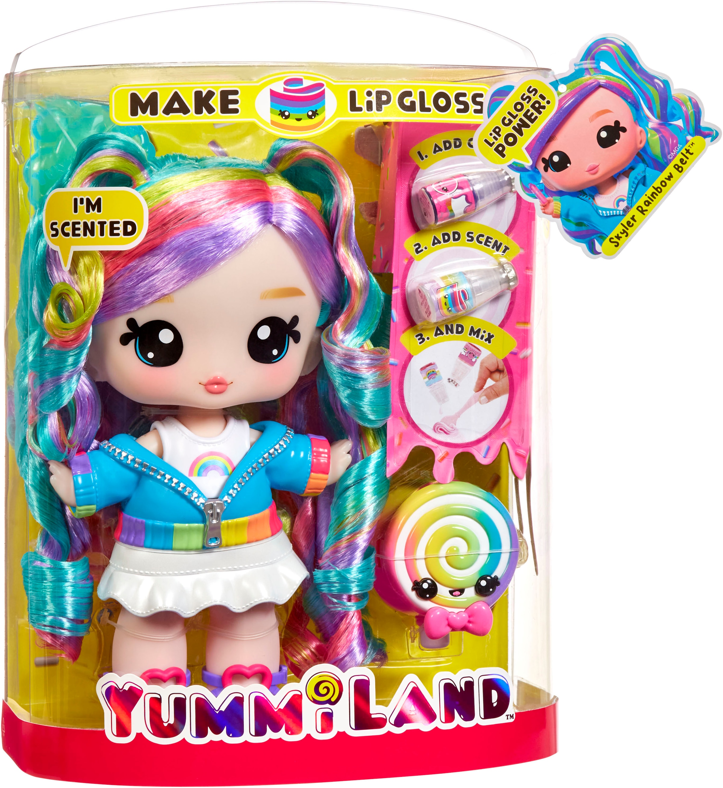 YUMMILAND Poupée à habiller »Yummiland Large Doll + Lip Gloss Pet- Rainbow (Skyler Rainbow Belt)« duftend