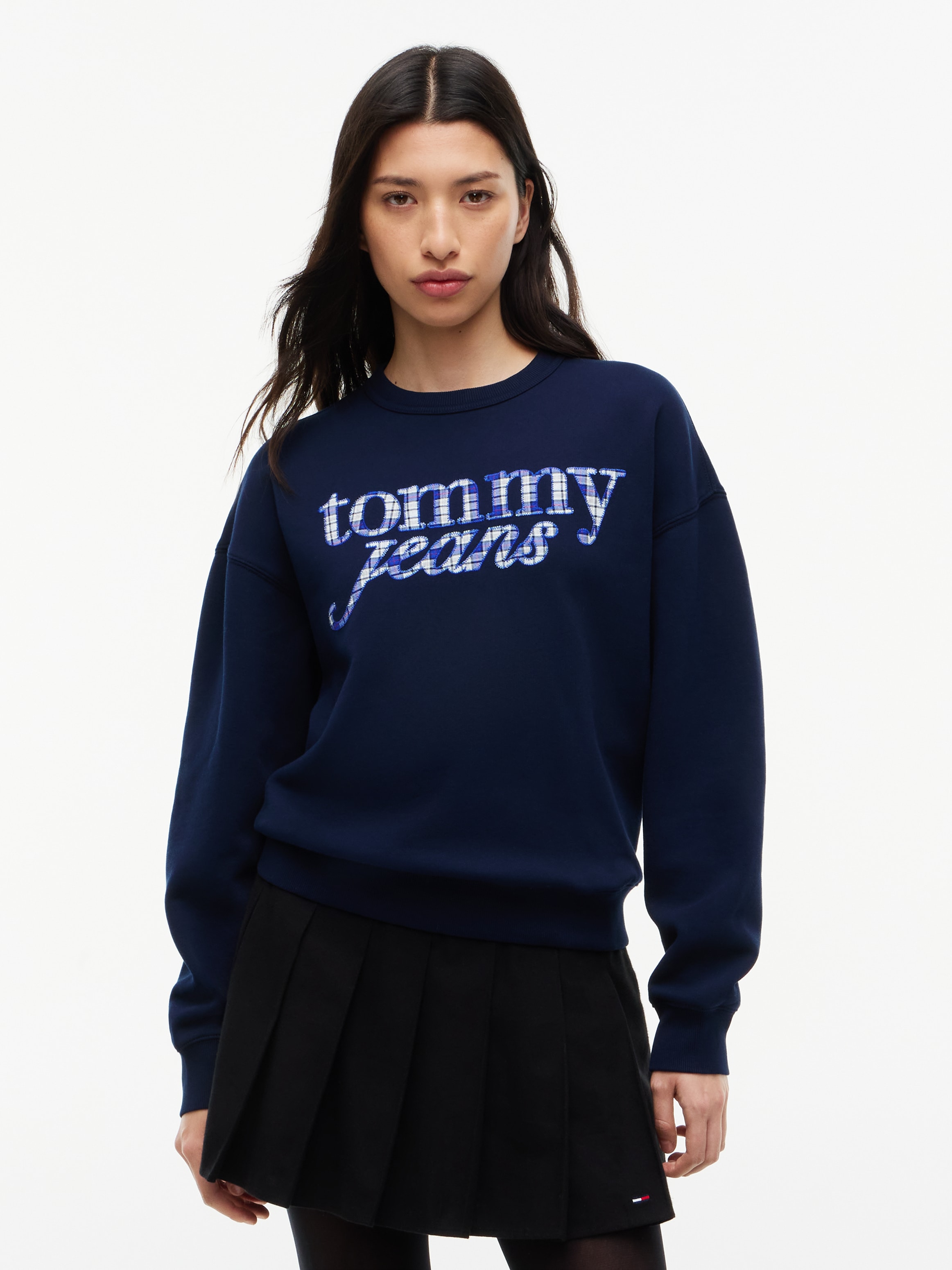 Image of Tommy Jeans Sweatshirt "TJW BXY CHECK SCRIPT CREW", Baumwollmischung