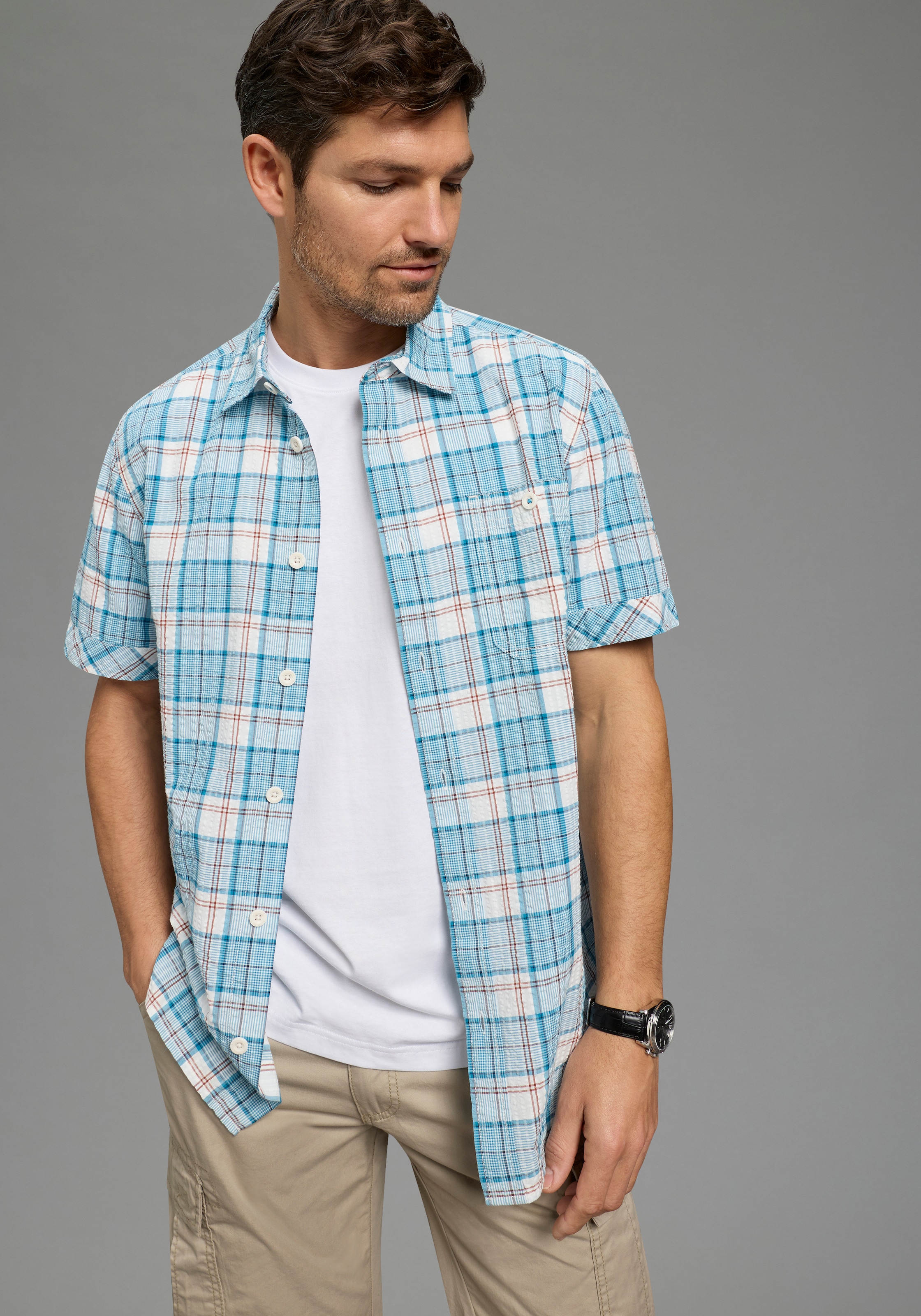 Man's World Karohemd Kurzarm, für Frühling und Sommer, aus Baumwolle, bequeme Passform