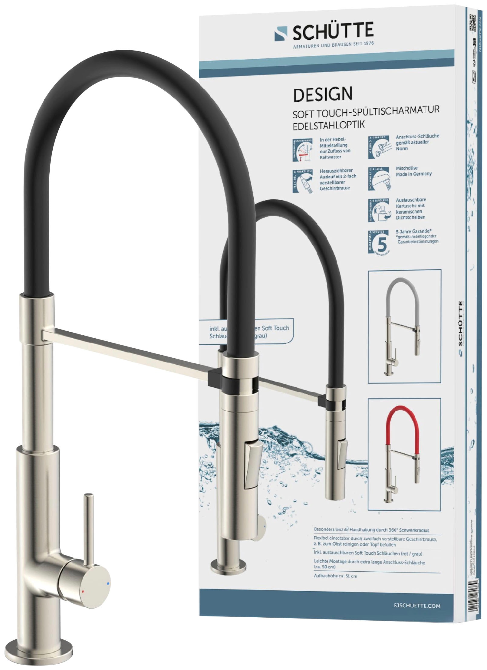 Spültischarmatur »Design«, ausziehbar, 360° schwenkbar, Edelstahloptik/Schwarz, Hochdruck