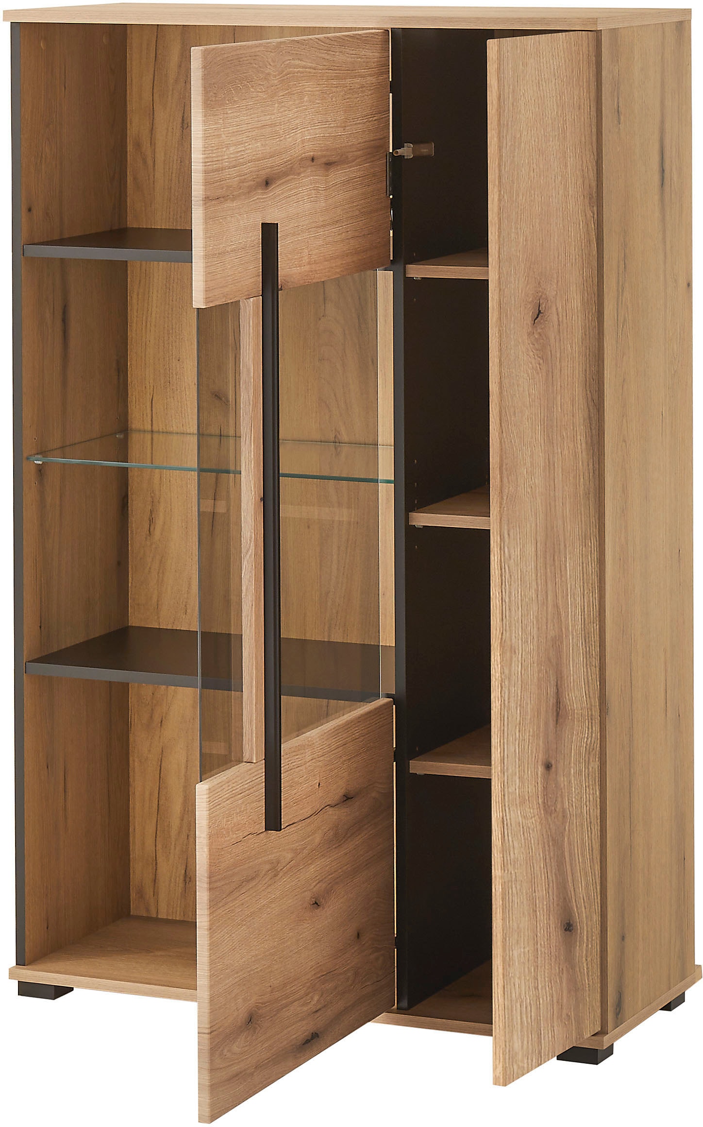 INOSIGN Vitrine »Cantara, Vitrinenschrank in Eiche Evoke oder weiss, Standvitrine«, schwarzer Stangengriff, ausreichend Stauraum, vielseitig einsetzbar