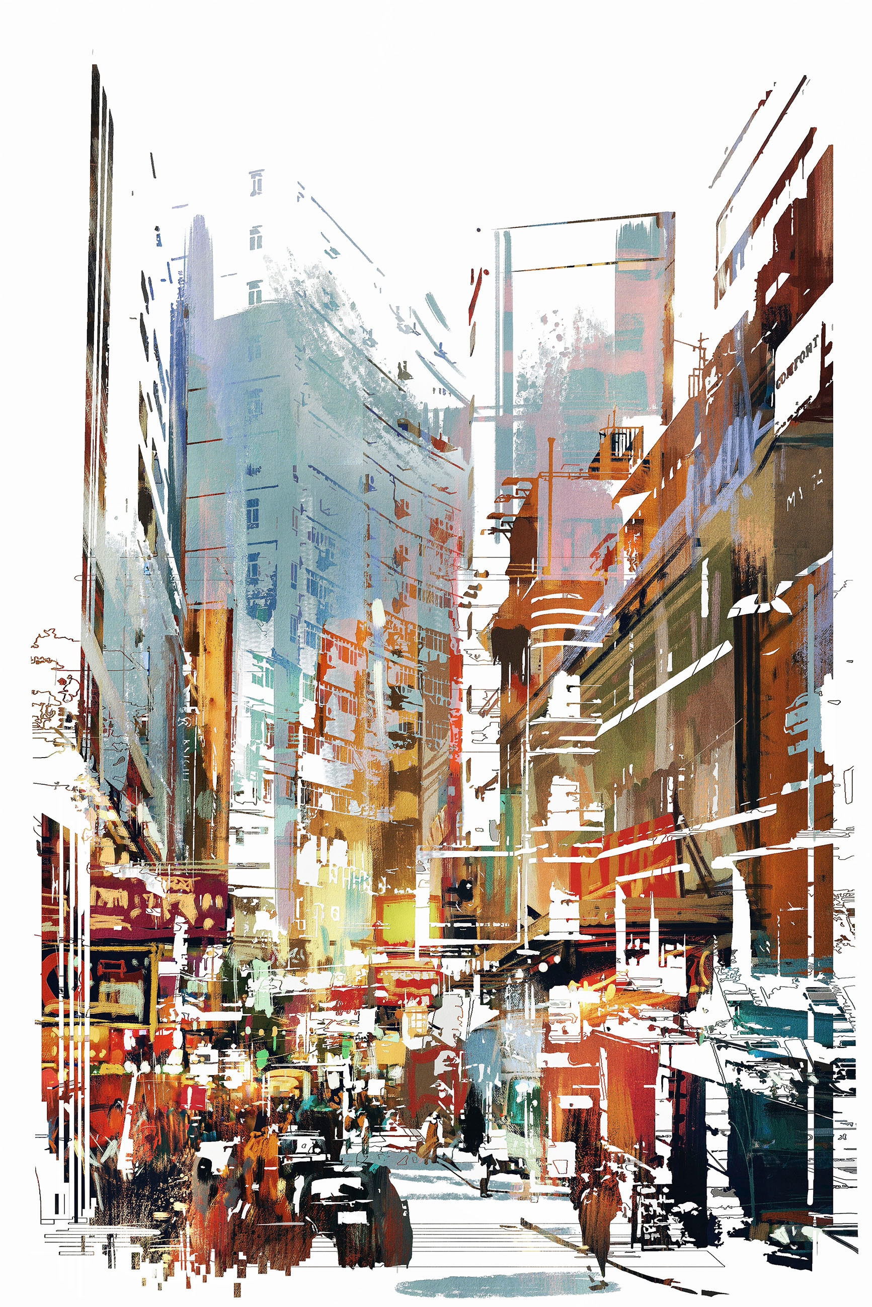 queence Leinwandbild "Stadt bunt" Abstrakte  Menschen  Städte Premium-Leinwandstoff, Handarbeit aus Deutschland