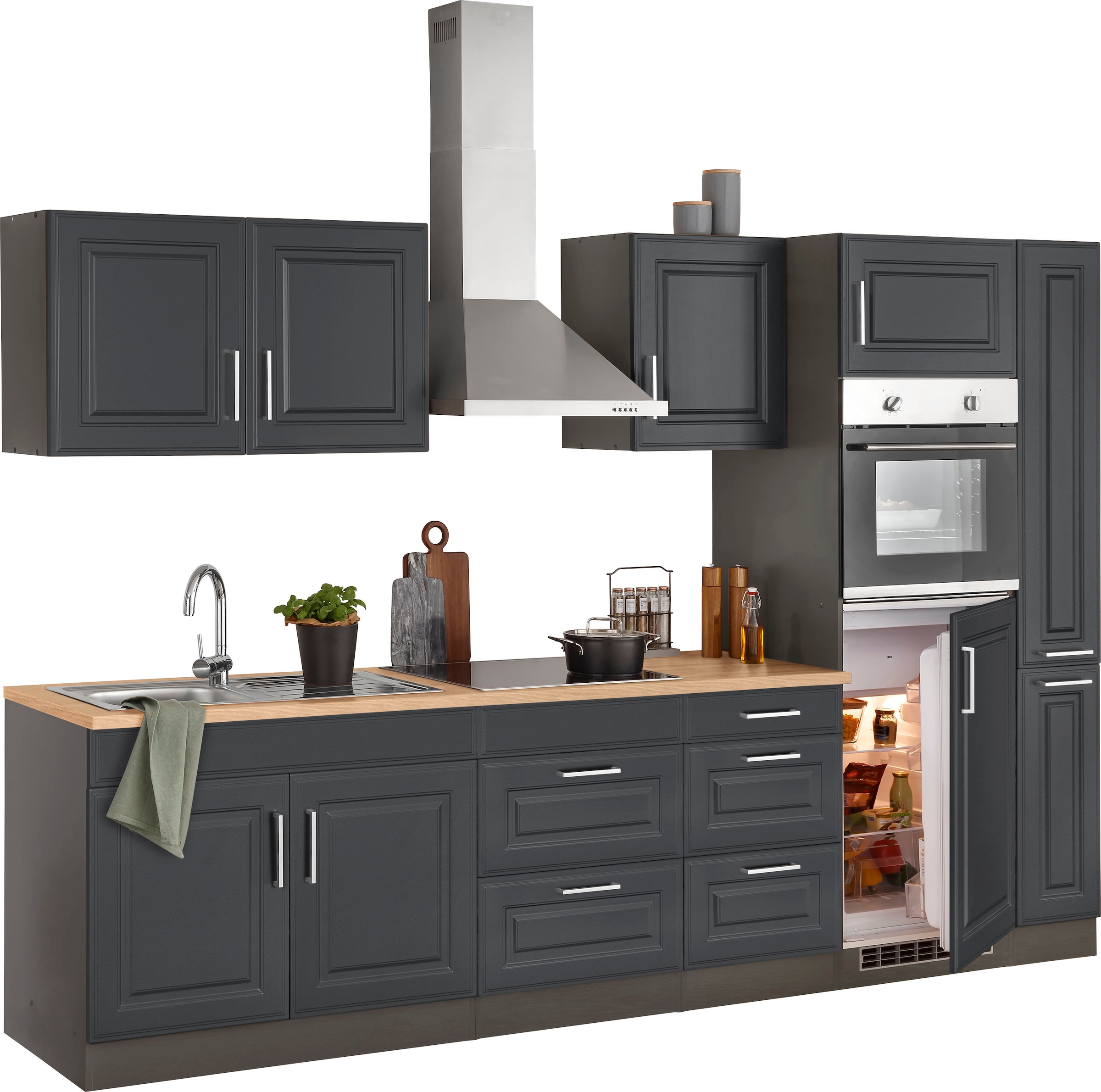 KOCHSTATION Kitchenette »KS-Stockholm – Küche mit hochwertiger und detailreicher Landhausfront« Largeur 300 cm, avec appareils E en option, avec façades MDF