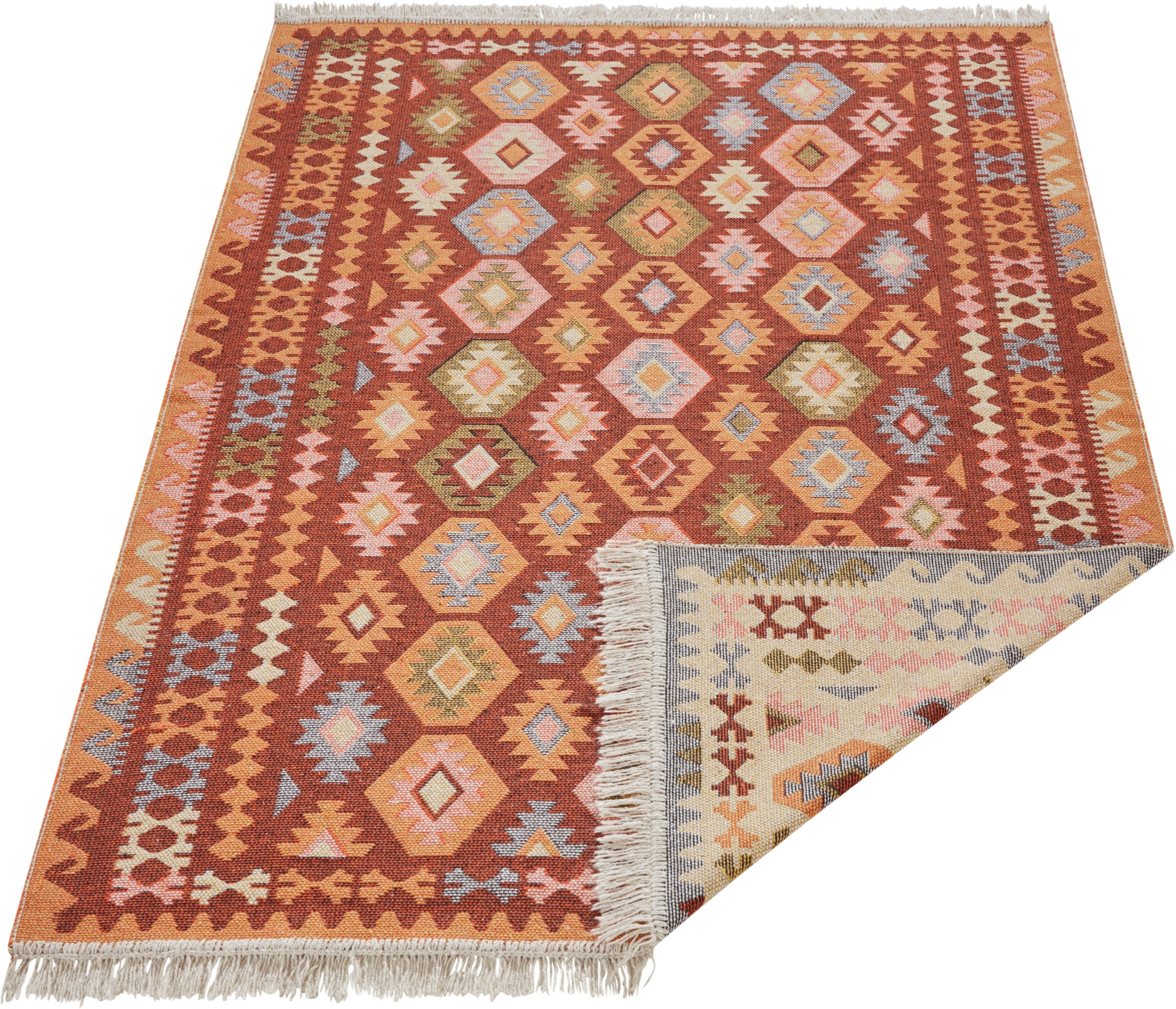 Image of HANSE Home Teppich »Mahi«, rechteckig, 3 mm Höhe, Wendbar mit Fransen, Kelim Look, Boho, 100% recycelte Baumwolle, Faltbar, Wohnzimmer, Schlafzimmer, Robust, Pflegeleicht bei Ackermann Versand Schweiz