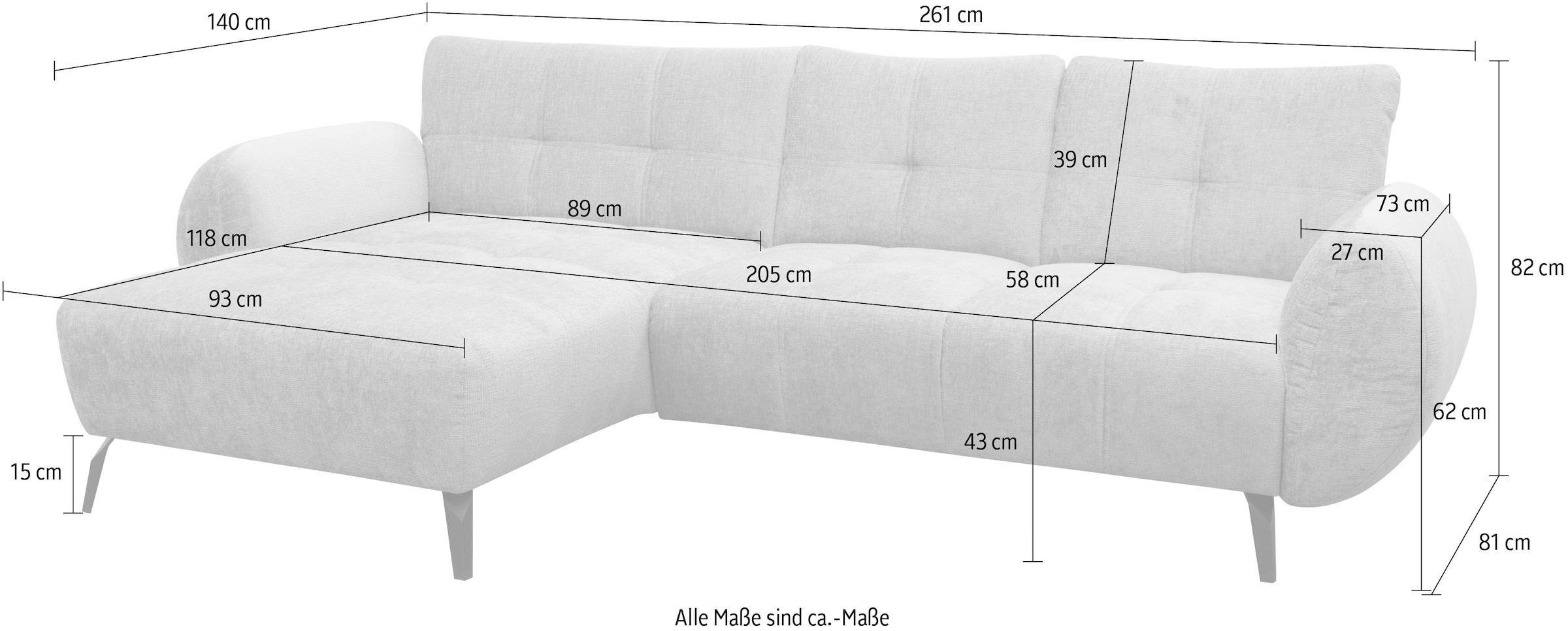 GOODproduct Ecksofa »Viborg 261 x 140 cm, mit Steppungen, elegant, modern« L-Form, pflegeleichter Bezug, hohe Füsse - passend für Saugroboter!