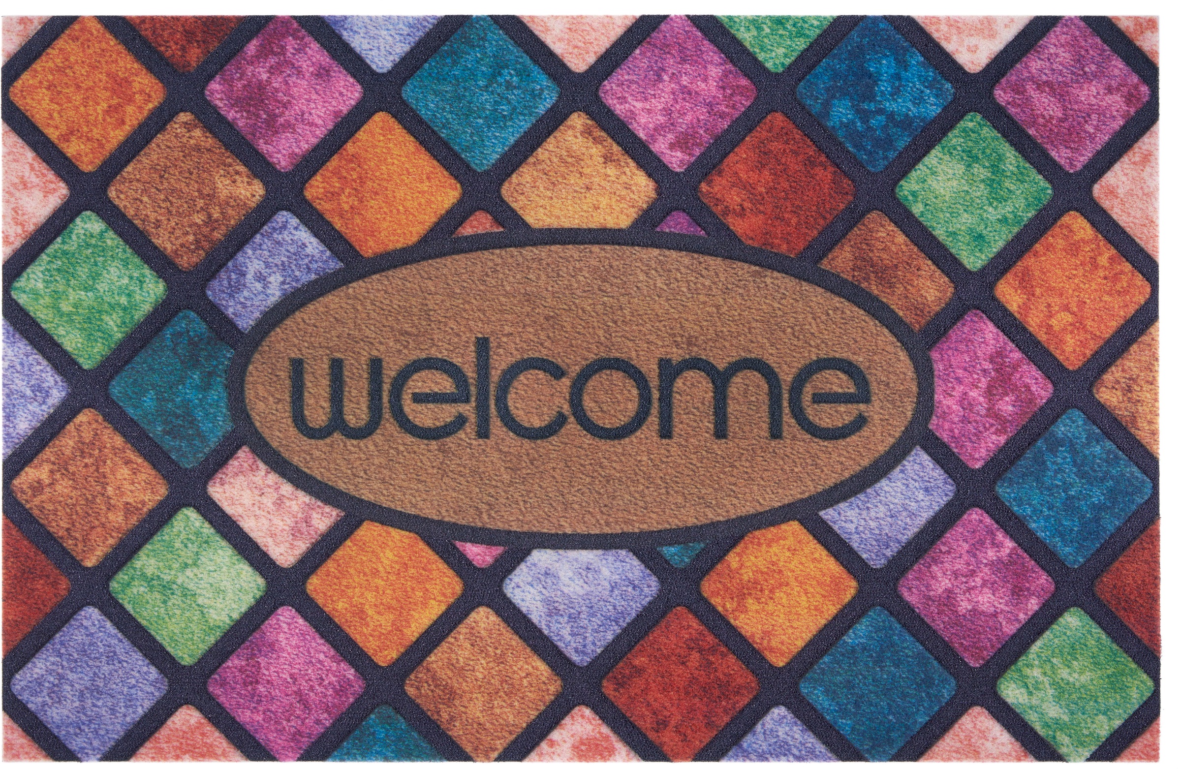 Image of my home Fussmatte »Welcome Karo«, rechteckig, 6 mm Höhe, Design In und Outdoor geeignet, mit Spruch, Farbenfroh, Robust, Pflegeleicht, Rutschfest, Schmutzfang bei Ackermann Versand Schweiz