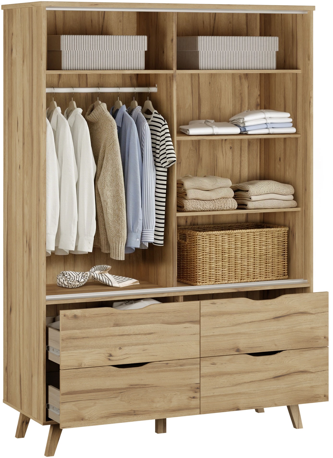 FORTE Schiebetürenschrank »Vankka Viel Stauraum, skandinavischer Stil« B/H/T ca.140x200x50cm,  Made in Europe, mit Einlegeböden+Kleiderstange+Schubladen,grifflos