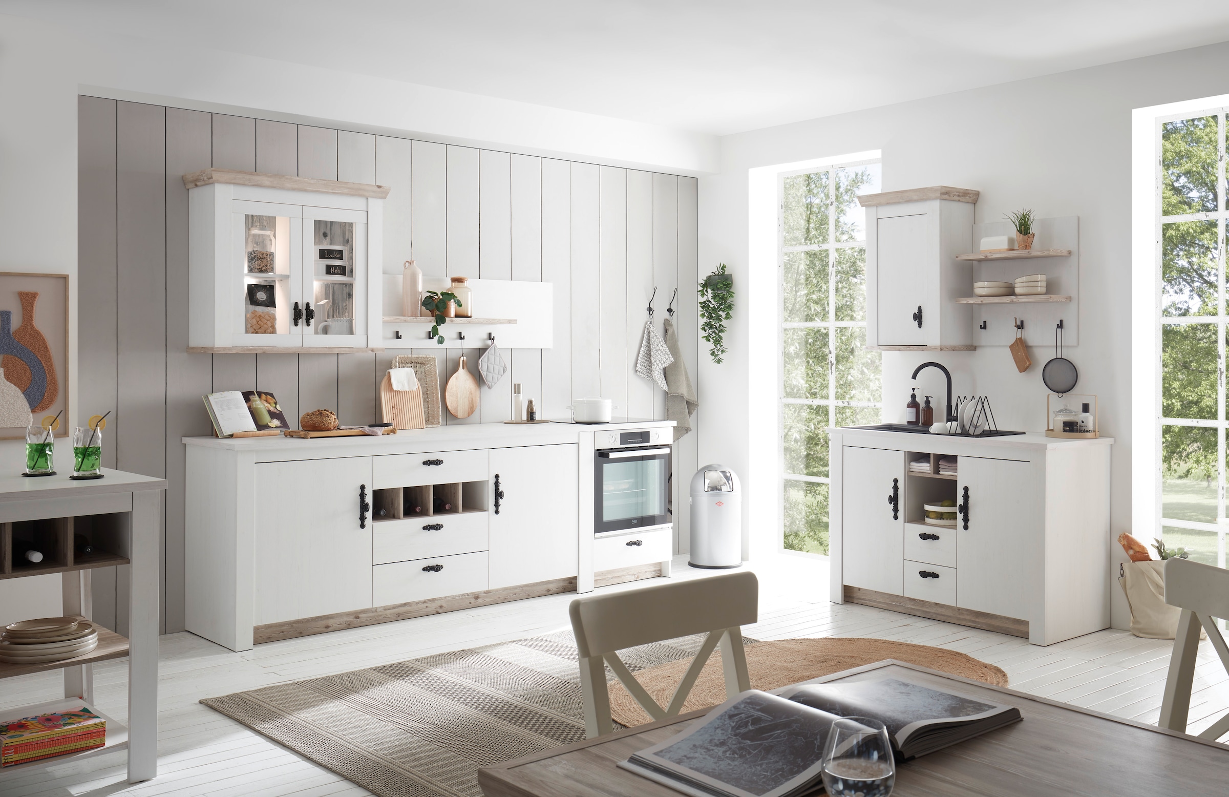 Home affaire Küchenzeile »Florenz, Küche in Pinie Weiss, mit Herdumbau, ohne E-Geräte« Set,  Breite 394 cm, mit verschnörkelten Metallgriffen, Arbeitshöhe 92 cm