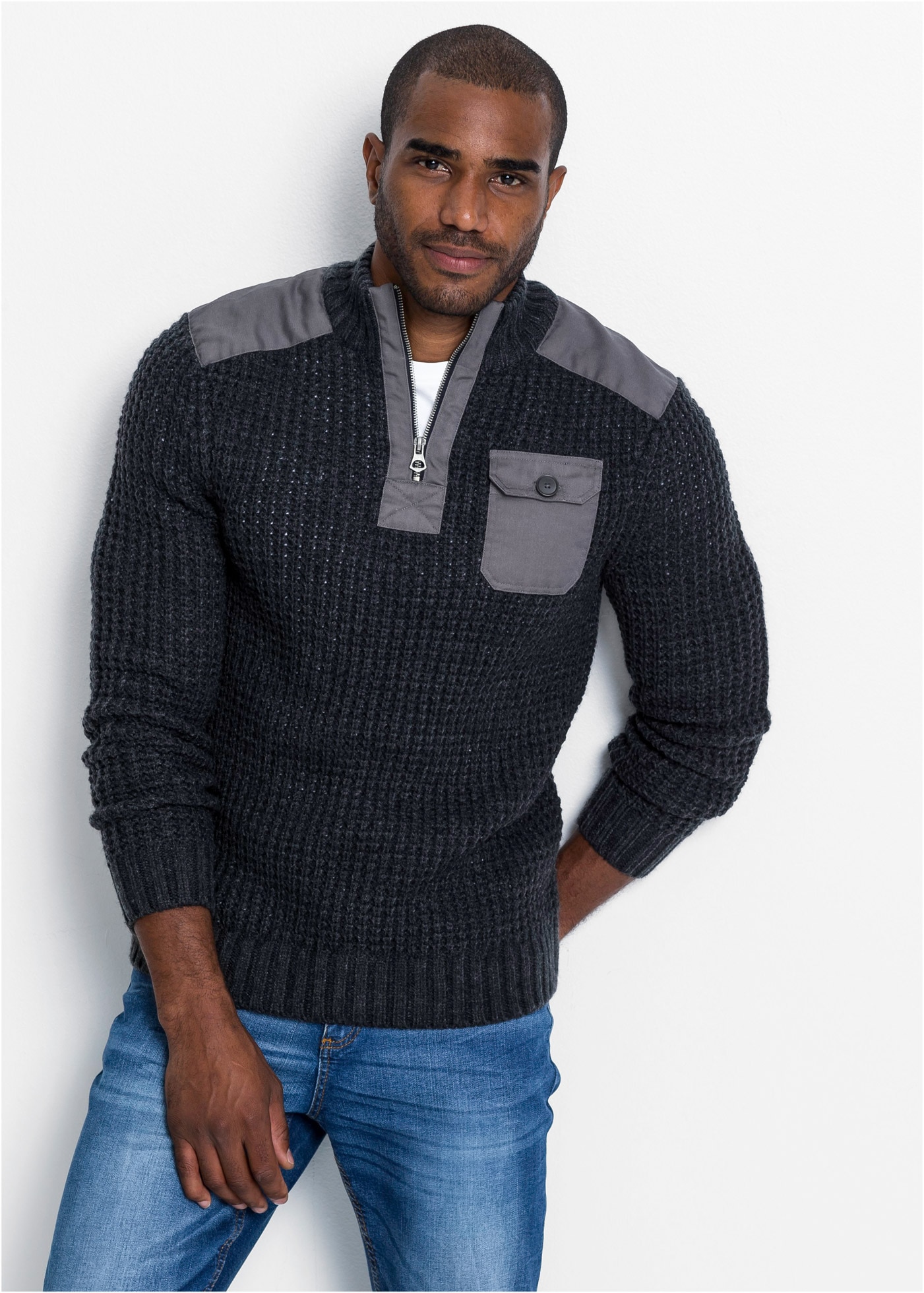 Image of bonprix Troyer "Grobstrick Troyer Pullover mit Web-Besatz" aus Grobstrick, Web-Einsätze, mit Stehkragen und Zipper, Regular Fit