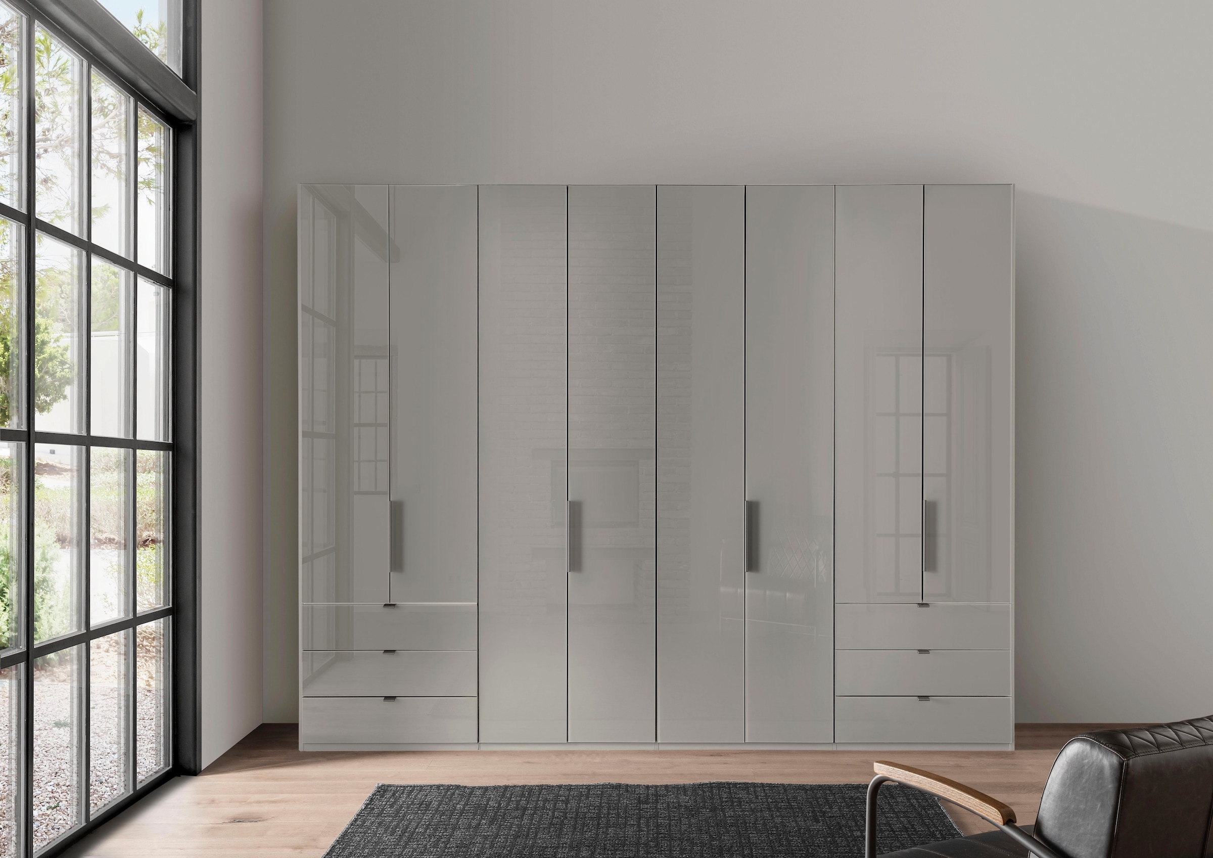 WIEMANN Armoire à portes pliantes »Ohio, Kleiderschrank, Schrank, Garderobe, mit Schubladen, 300 cm« inklusive Einlegeböden & Kleiderstangen, 2 Höhen, MADE IN GERMANY,  inklusive Tür und Schubkastendämpfung, hochwertige Glasfront