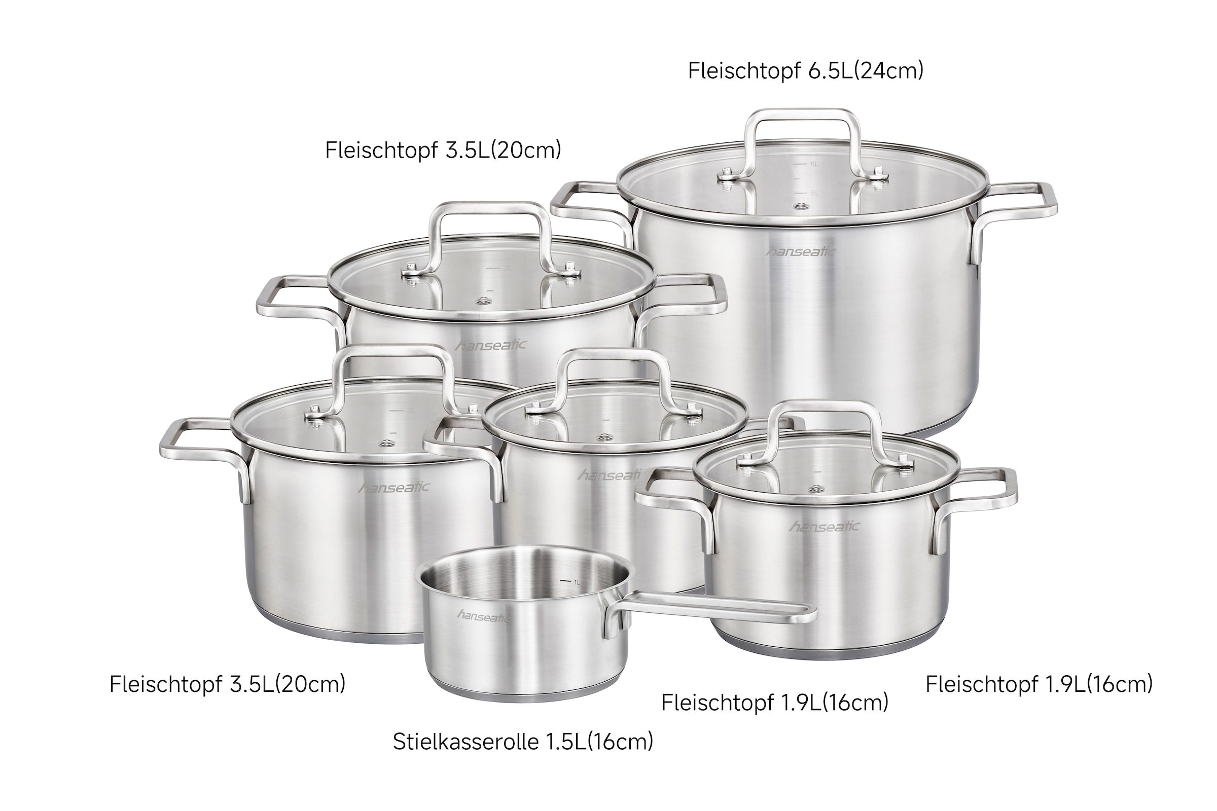 Hanseatic Topf-Set »DAILY«, Edelstahl 18/10, (Set, 11 tlg., Fleischtopf 2x 16 cm / 2x 20 cm / 1x 24 cm, Stielkasserolle 16 cm), handfreundliche Griffe, Literskala, Glasdeckel, Induktion