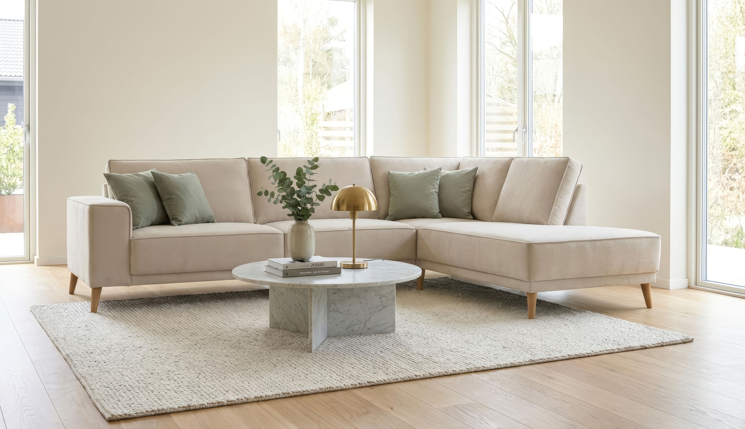 GOODproduct Ecksofa »Oland Skandi, weicher Chenille-Stoff« L-Form, 289 cm, Wellenunterfederung, Skandi-Design, Massivholzfüsse