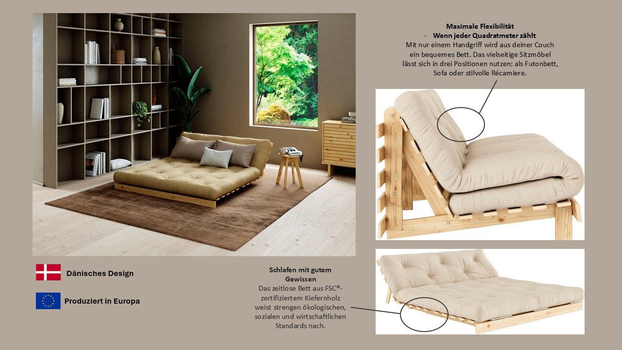 Karup Design Schlafsofa »Roots 160 Schlafsofa, Gästebett, Sofa mit Futonmatratze«, (2 St.), Inkl. Futonmatratze, Liegefläche 160x200 cm, FSC® zertifizierte Kiefer