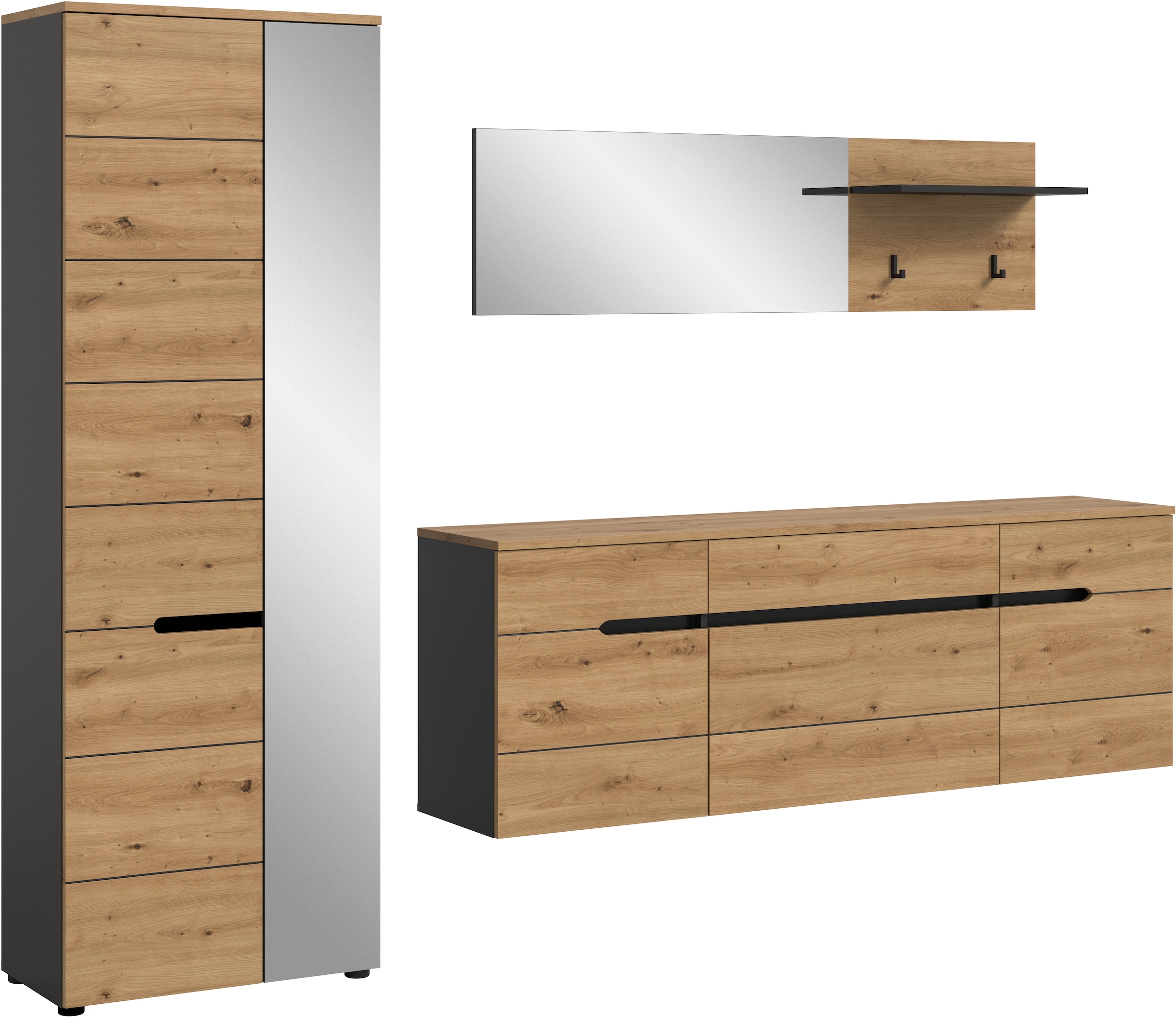 Home affaire Garderoben-Set »REHAT, TOPSELLER!, 3-teilig, Breite 256 cm, individuell stellbar« Set, best. aus: Garderobenschrank, Hängeschrank & Garderobenpaneel, 3 Stk. tlg.