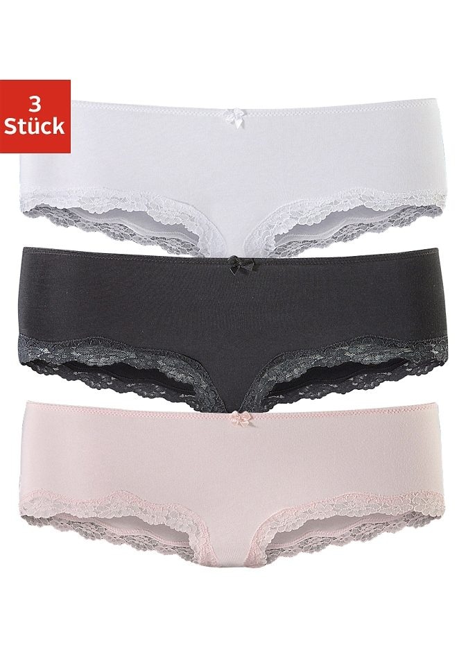 LASCANA Panty, (Packung, 3 St.), aus elastischer Baumwolle mit zarter Spitze