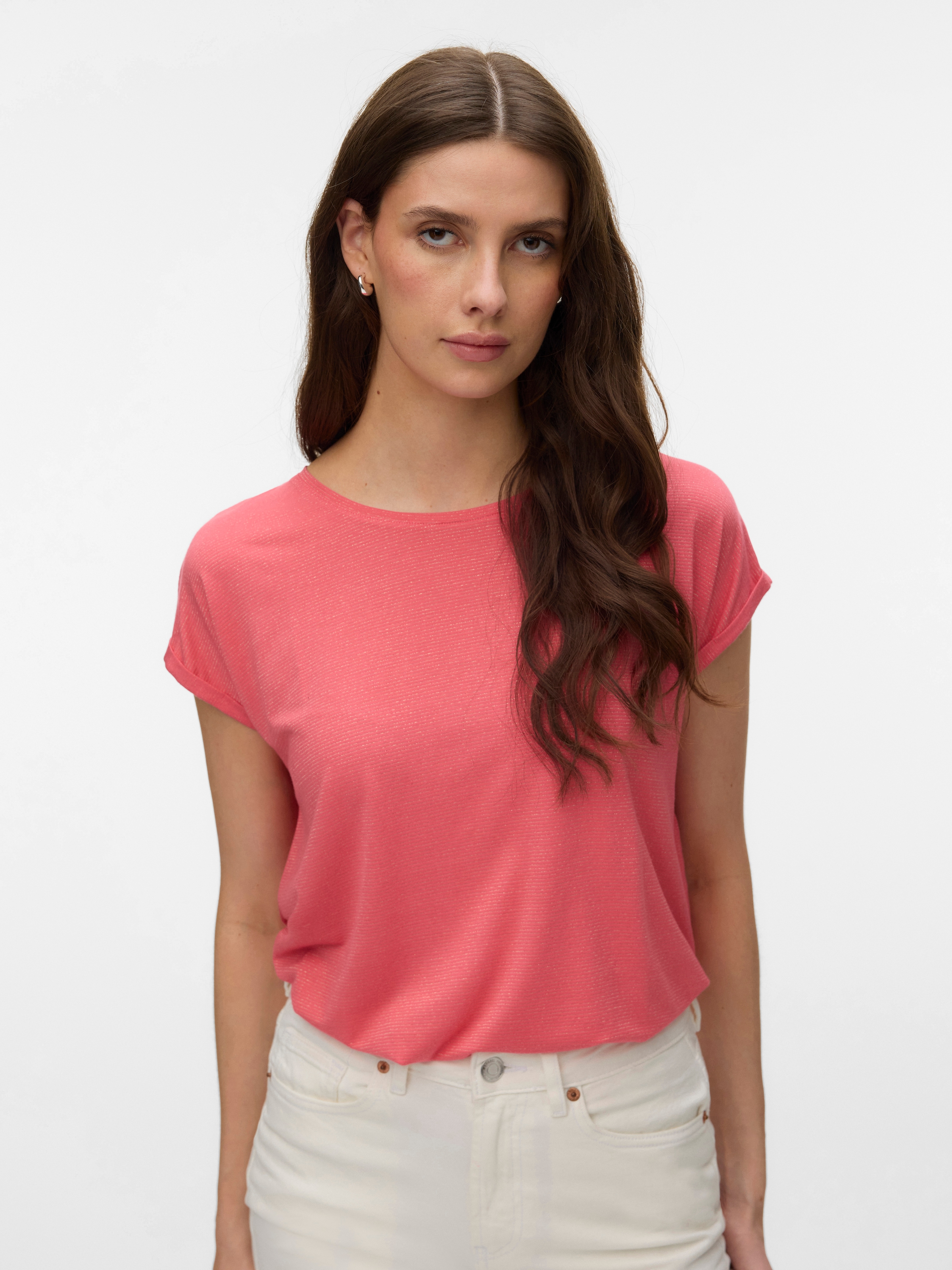 Image of Vero Moda Rundhalsshirt "VMLAVA PLAIN SS TOP LUREX STRIPE" Viskosemischung, loose fit