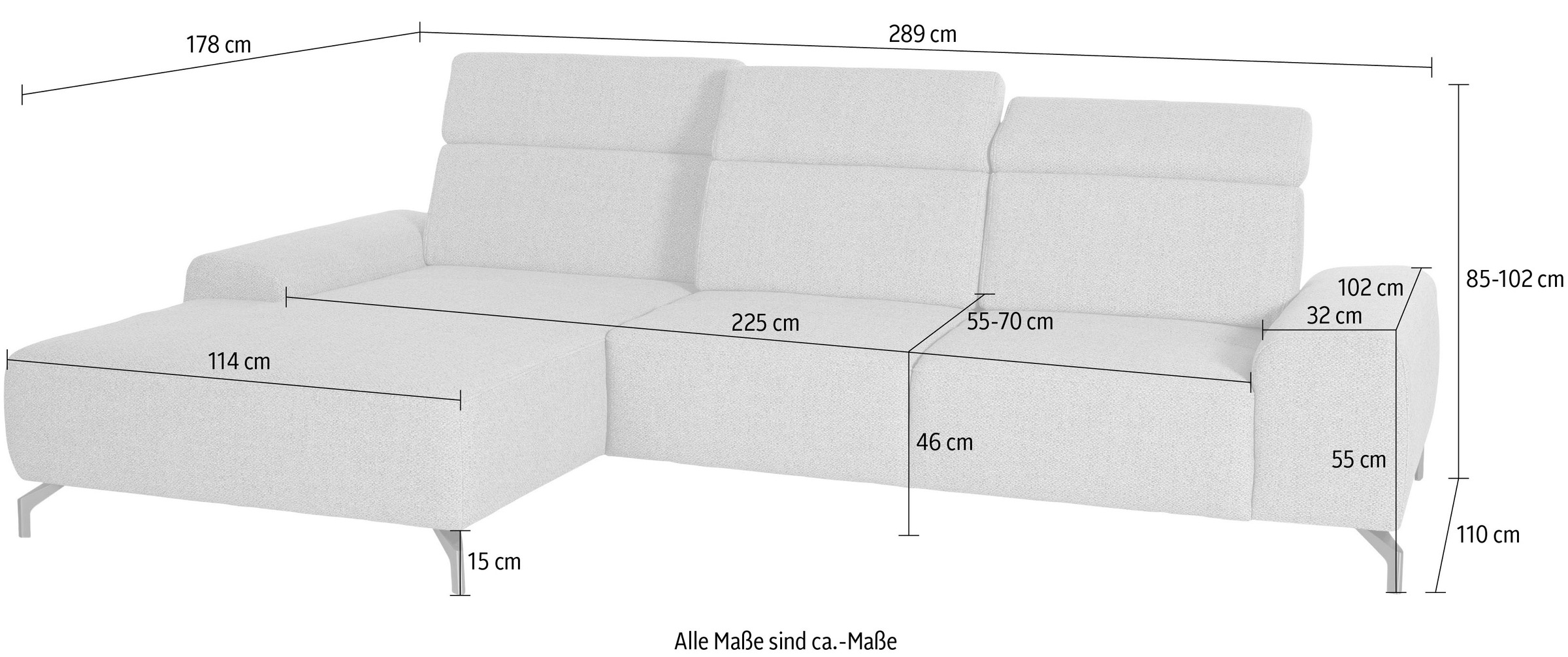 sit&more Ecksofa »Gizeh L-Form«, Fusshöhe 15 cm, inklusive Sitztiefenverstellung und Kopfteilverstellung