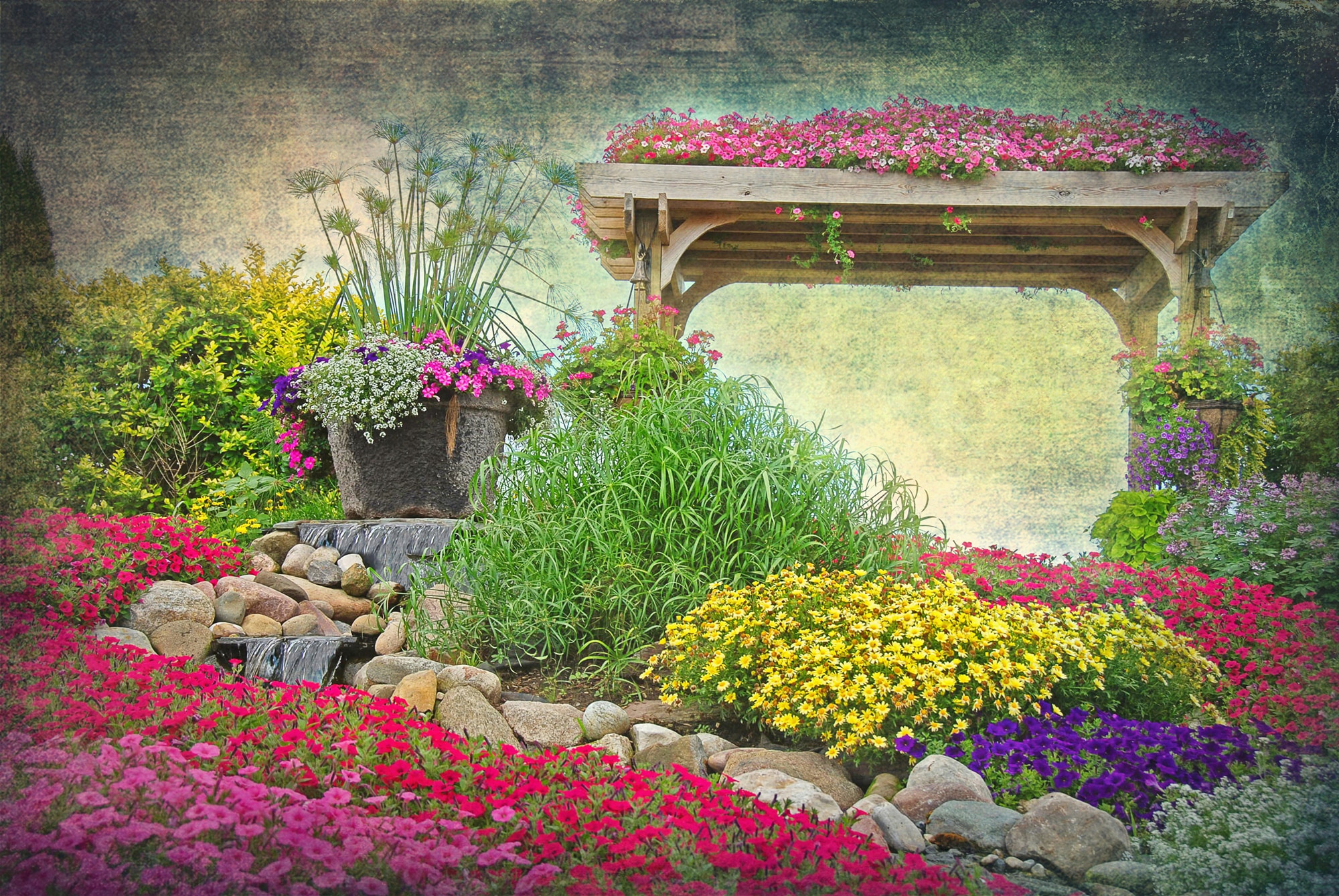 Image of Papermoon Fototapete "GARTEN-RETRO VINTAGE BLUME PFLANZEN PARK STEINE PERGOLA"