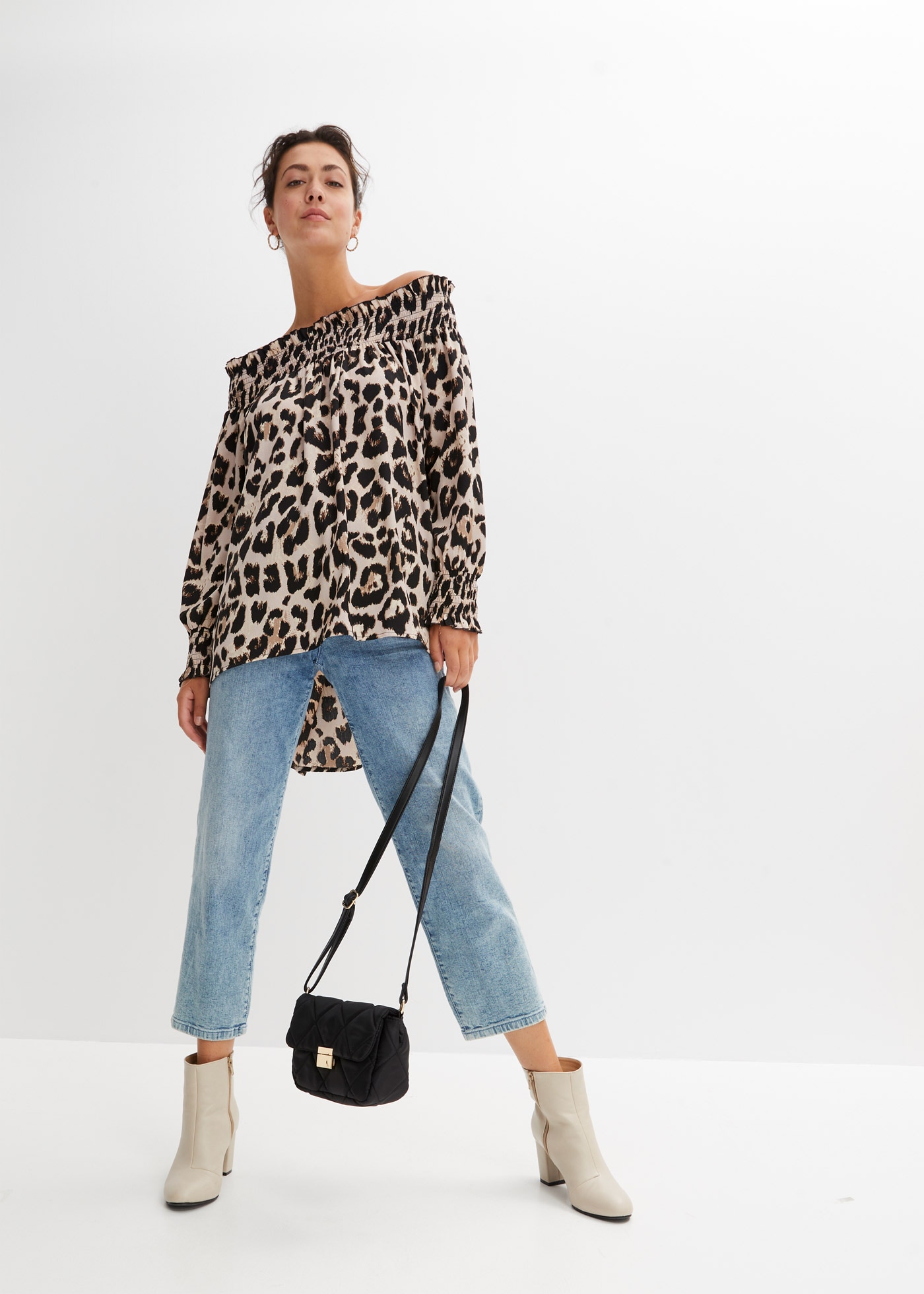 bonprix Chemisier long Oversize-Passform, Vokuhila-Schnitt, mit Rüschen, aus Polyester