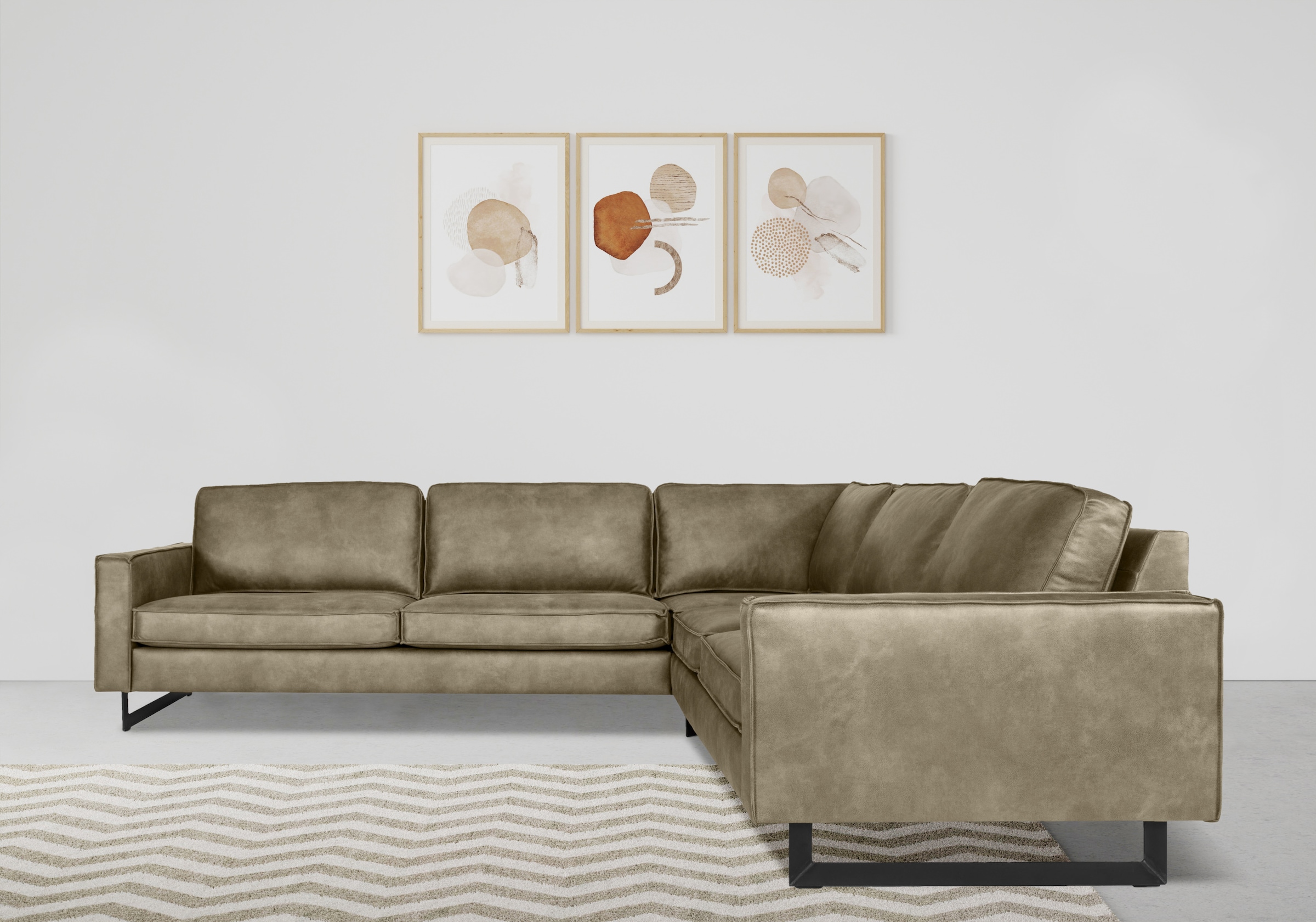 Places of Style Ecksofa »Pinto, XXL, 250/290 cm, langer Schenkel, Ottomane«, Cord, Chenille, Lederoptik, mit Keder, Metallfüsse, Wellenunterfederung
