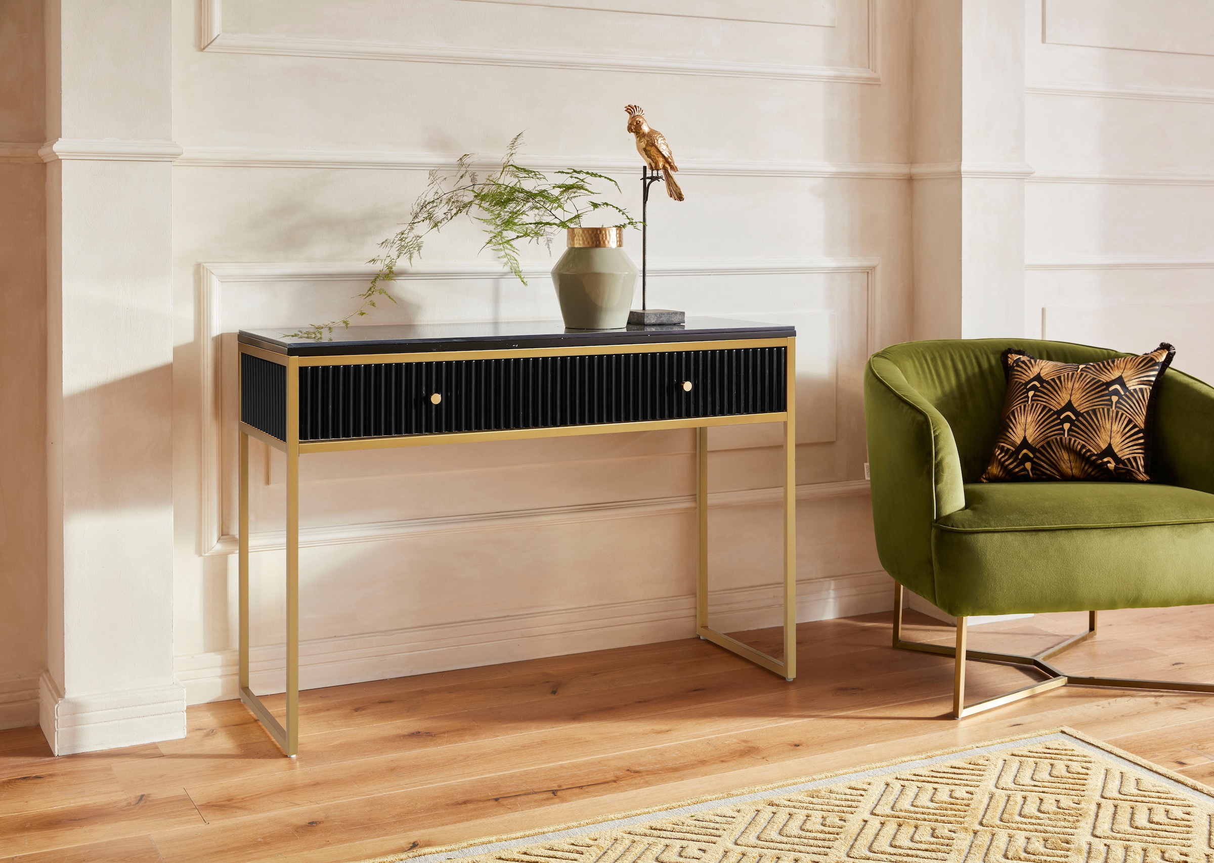 Leonique Table console »Fleuriss« Keramikplatte, goldene Beine, FSC-zertifiziertes Holz, Breite 110 cm