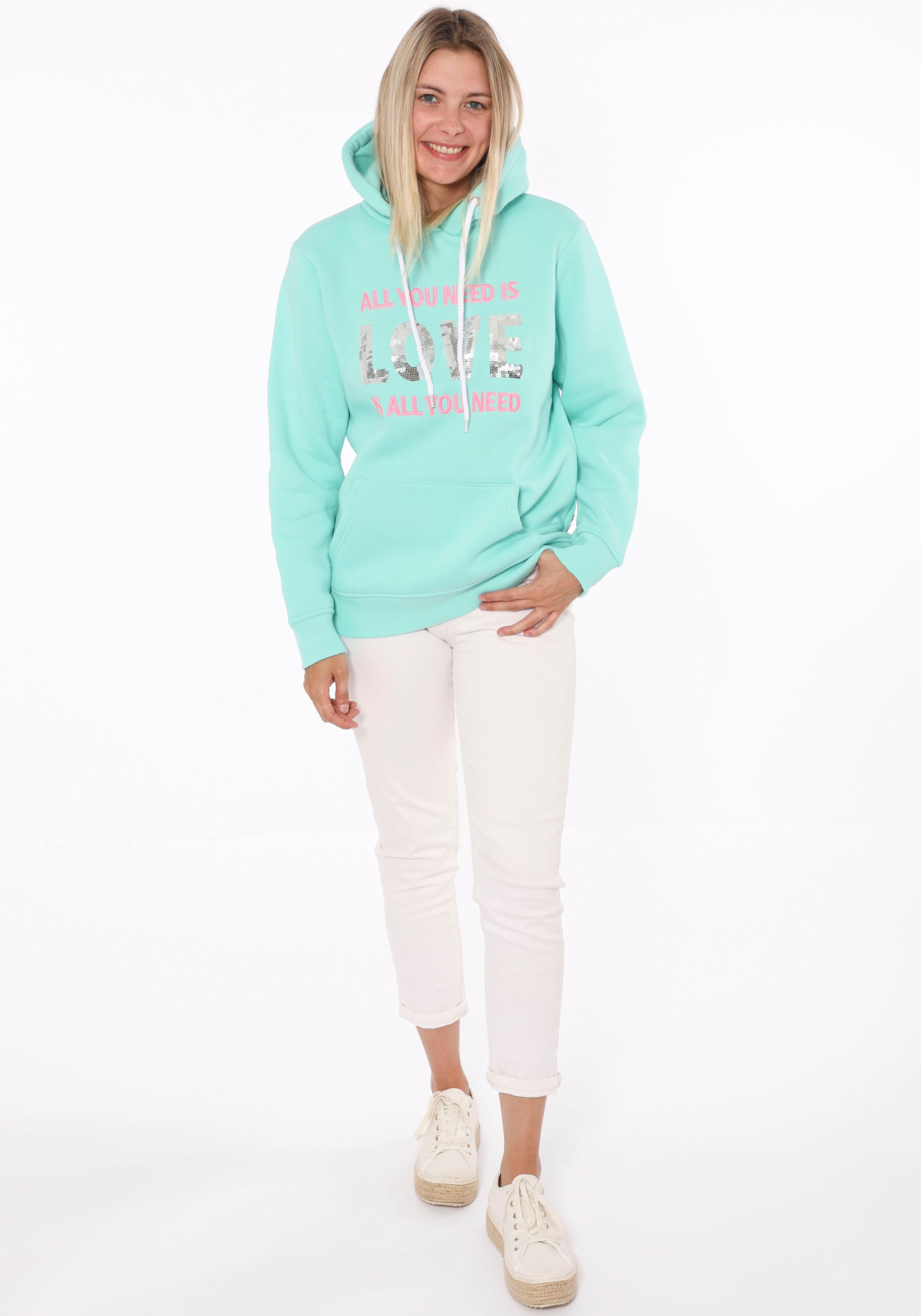 Image of Zwillingsherz Hoodie ""Love is all you need ZH"", Pailettenherzen am Rücken